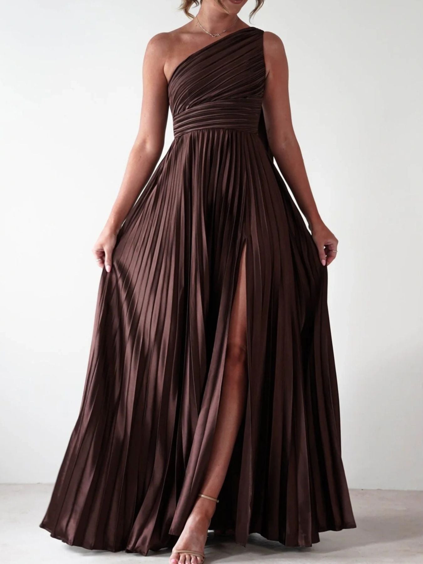 One - Shoulder Pleated Slit Maxi Dress - Jsandiclothing.com