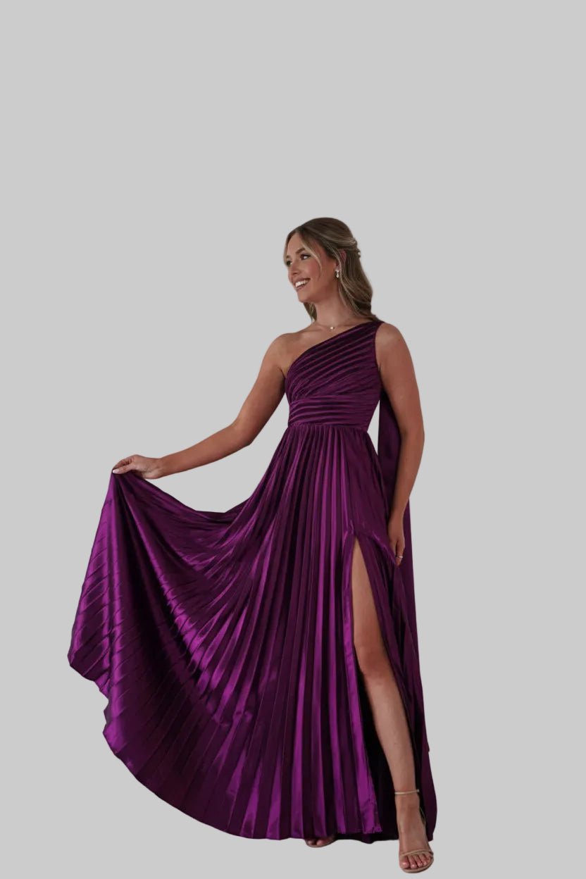 One - Shoulder Pleated Slit Maxi Dress - Jsandiclothing.com