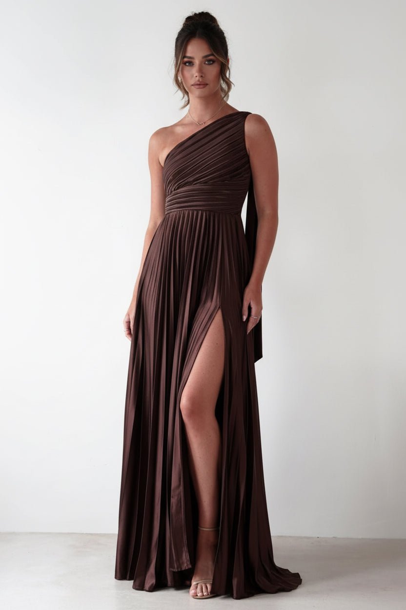 One - Shoulder Pleated Slit Maxi Dress - Jsandiclothing.com
