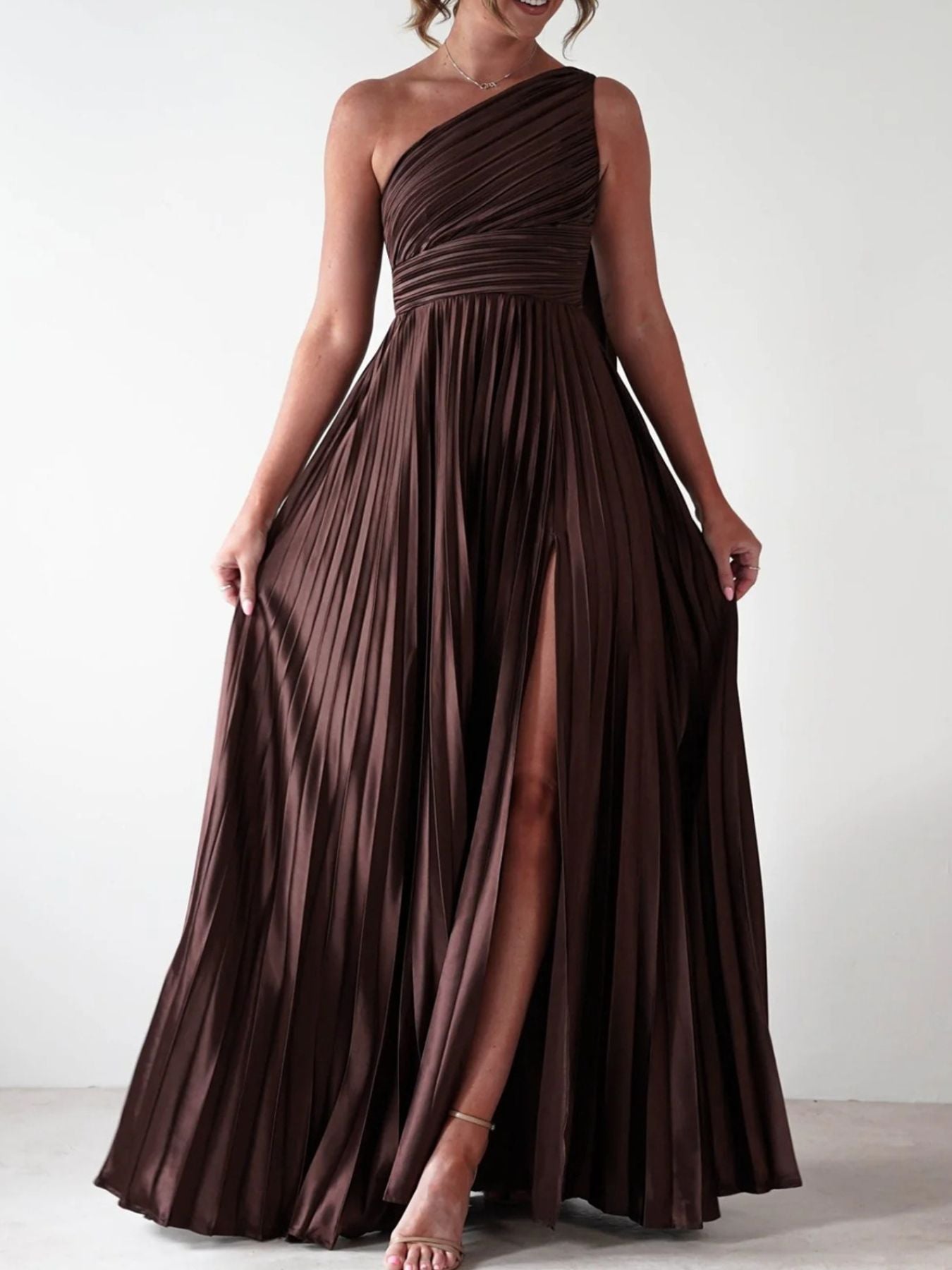 One - Shoulder Pleated Slit Maxi Dress - Jsandiclothing.com