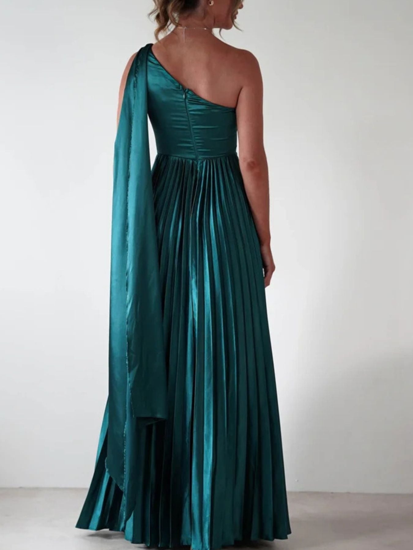 One - Shoulder Pleated Slit Maxi Dress - Jsandiclothing.com
