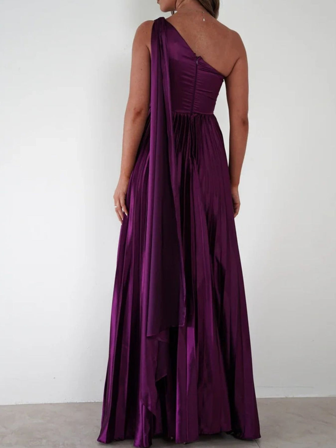 One - Shoulder Pleated Slit Maxi Dress - Jsandiclothing.com