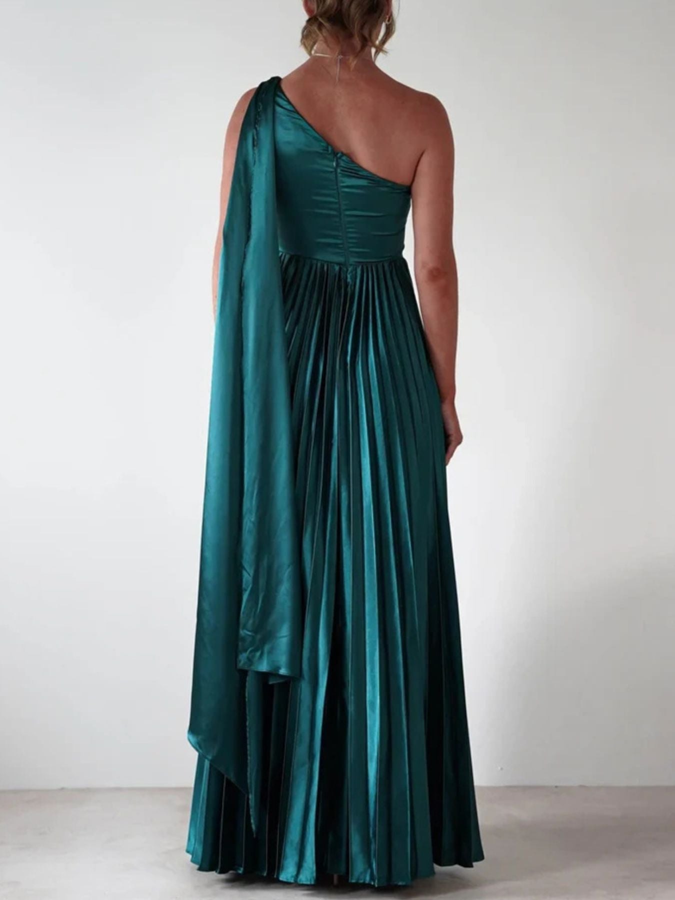 One - Shoulder Pleated Slit Maxi Dress - Jsandiclothing.com