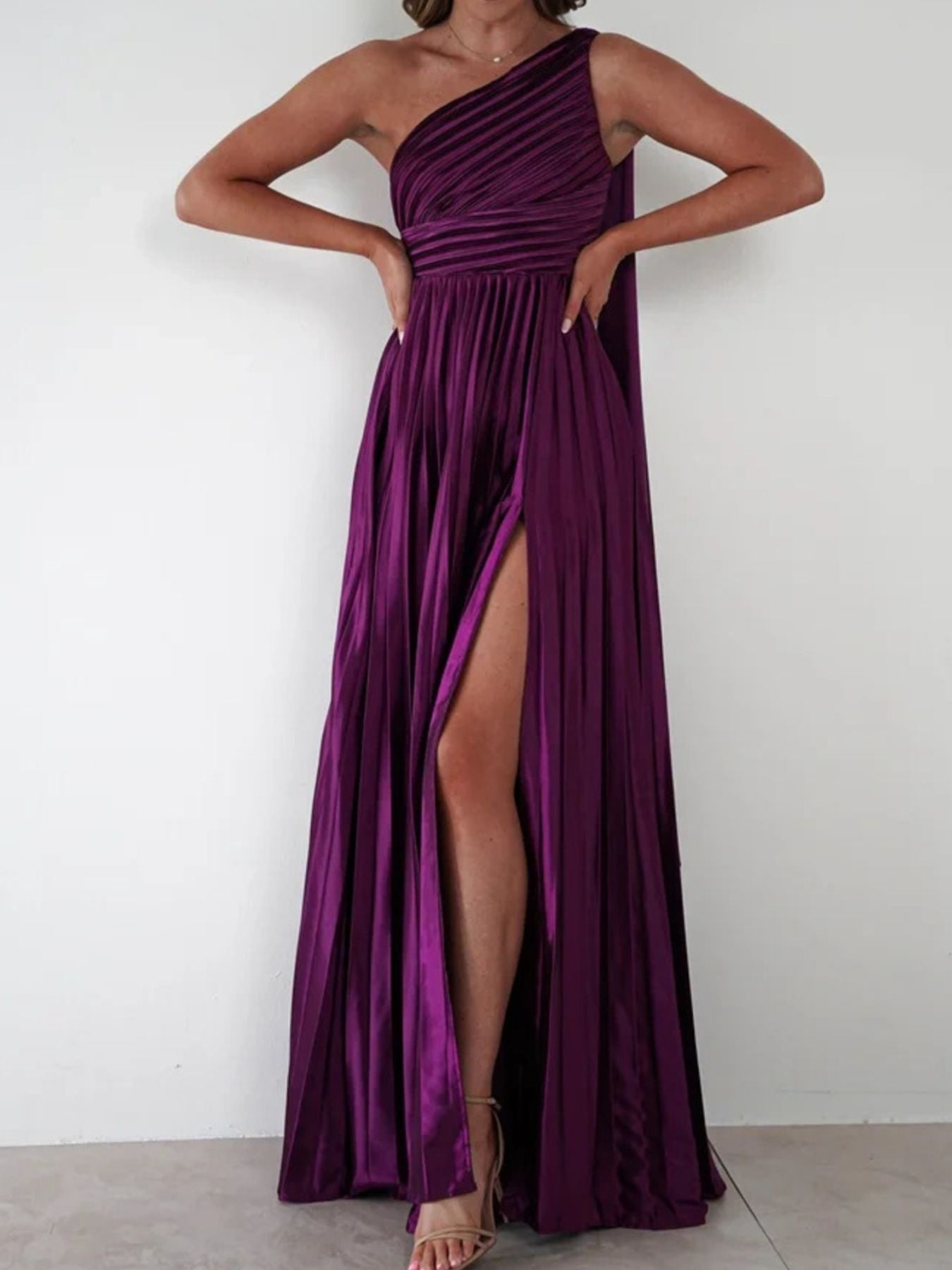 One - Shoulder Pleated Slit Maxi Dress - Jsandiclothing.com