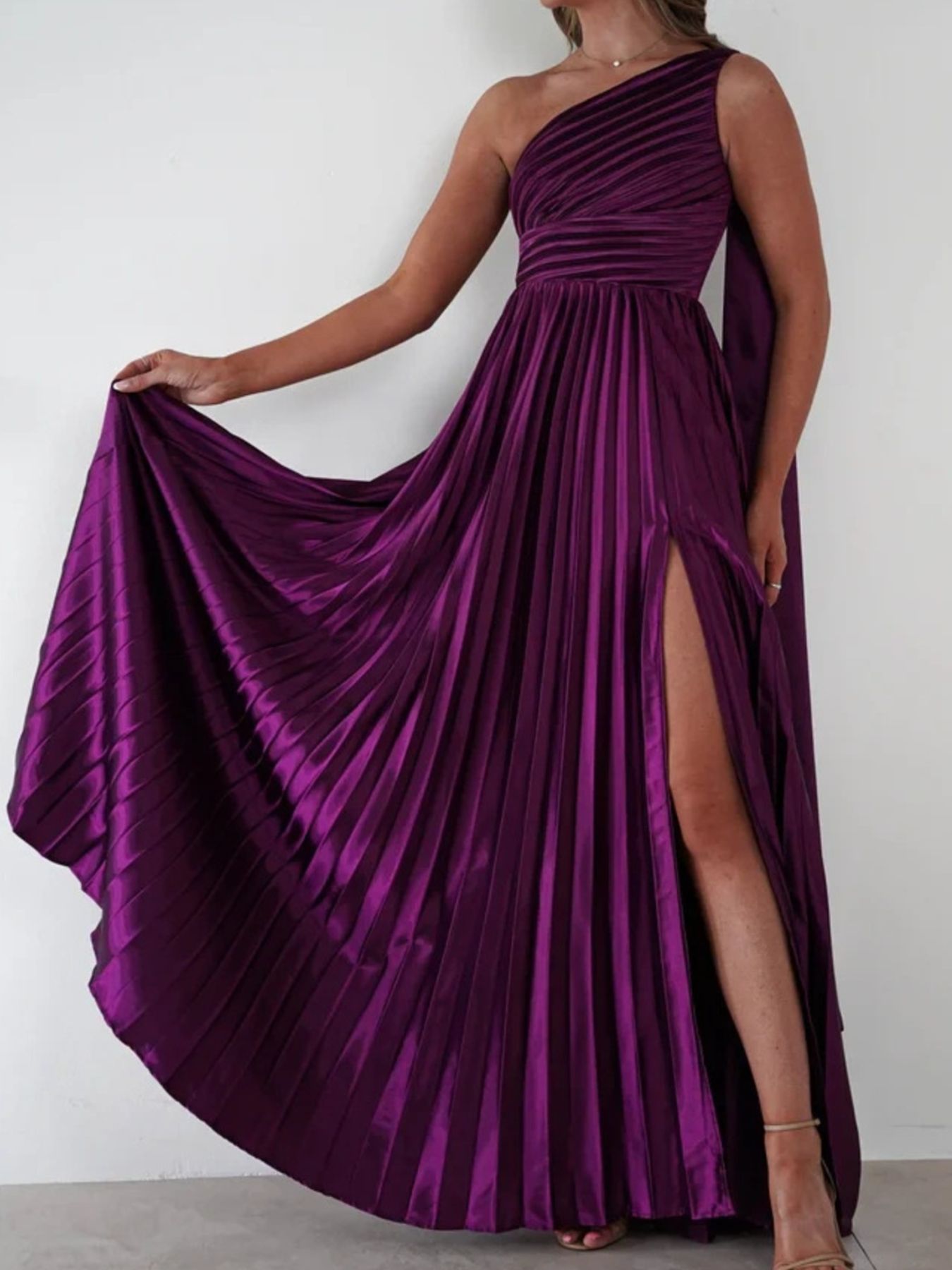 One - Shoulder Pleated Slit Maxi Dress - Jsandiclothing.com