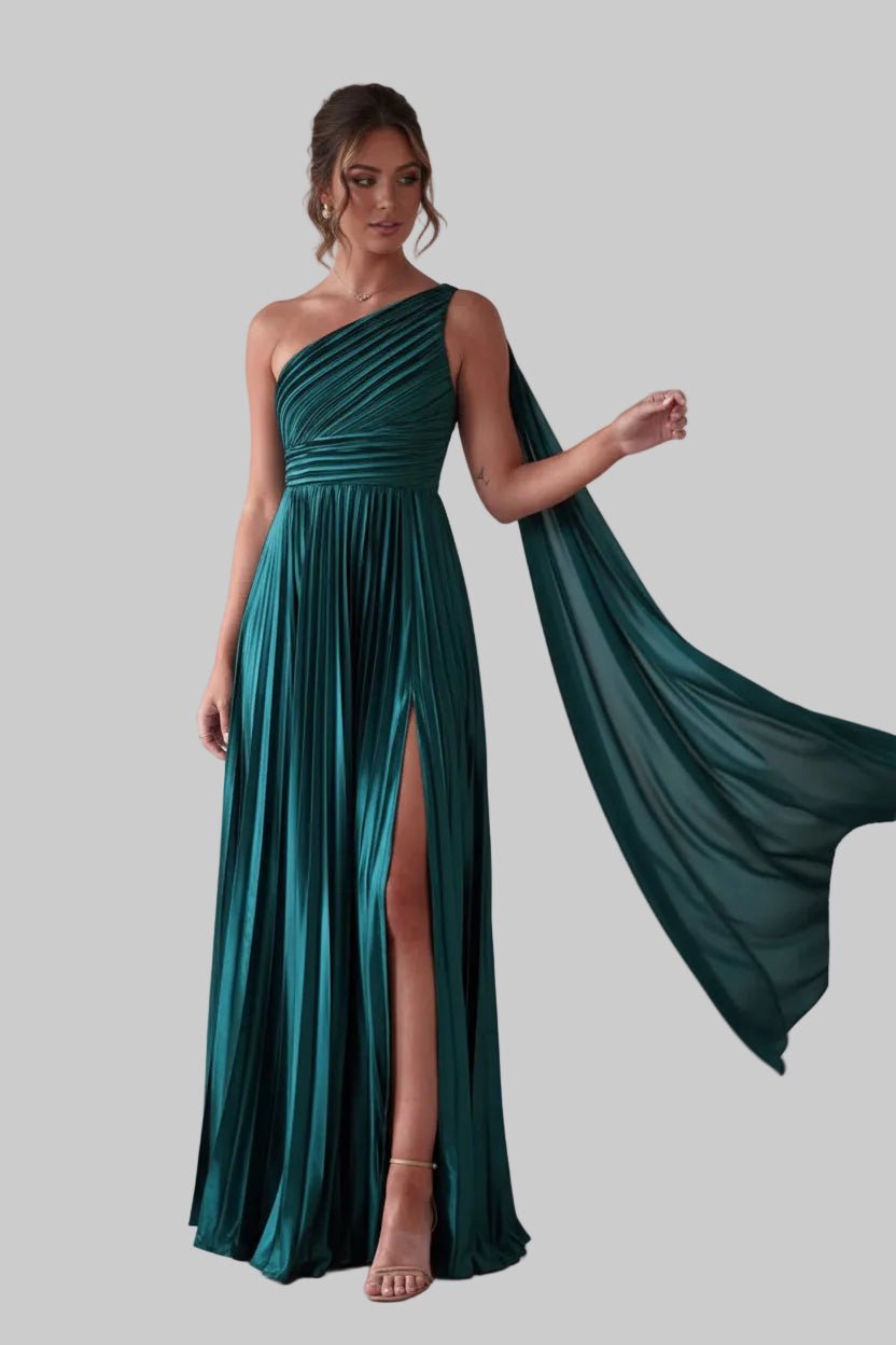 One - Shoulder Pleated Slit Maxi Dress - Jsandiclothing.com