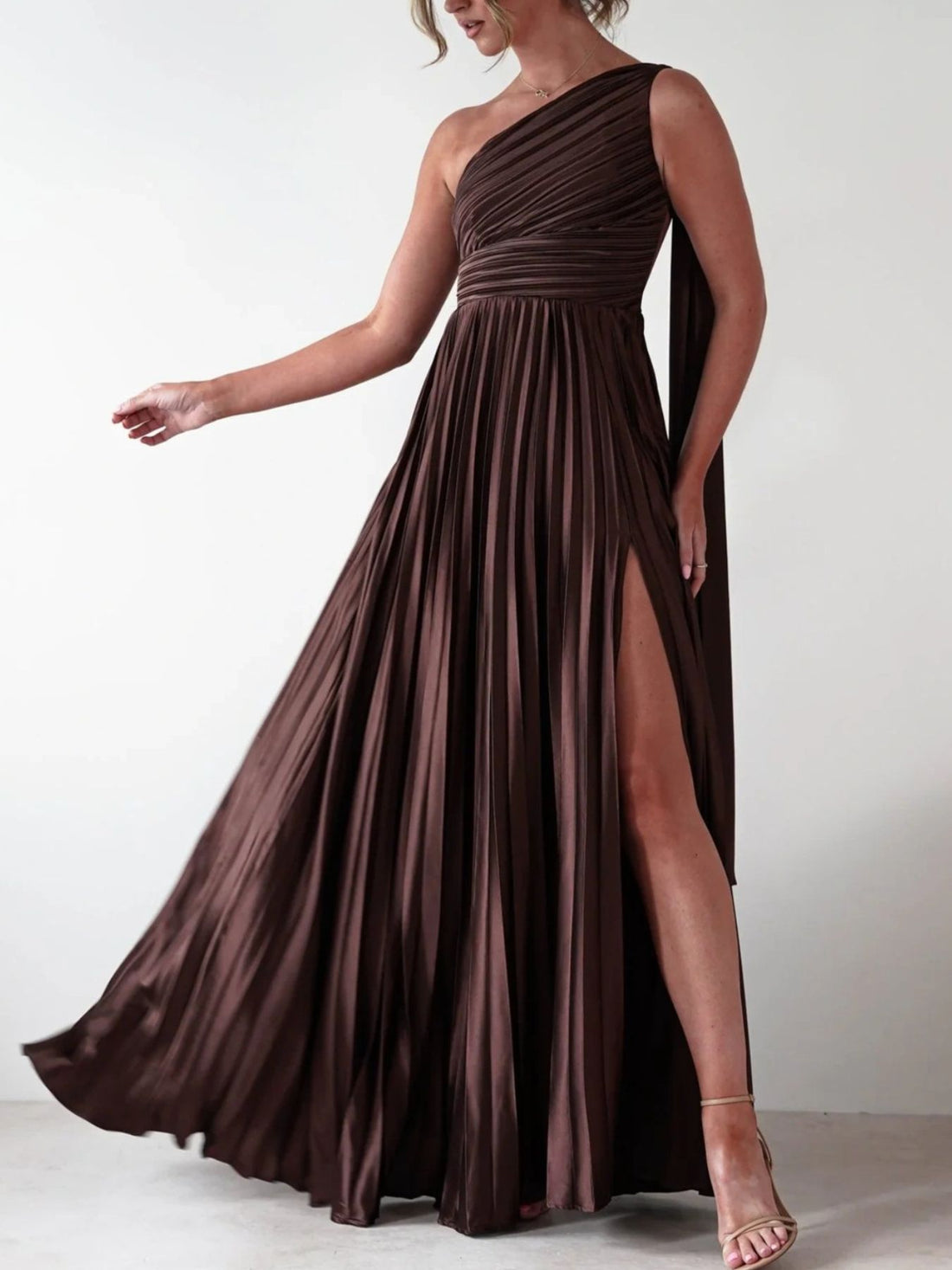 One - Shoulder Pleated Slit Maxi Dress - Jsandiclothing.com