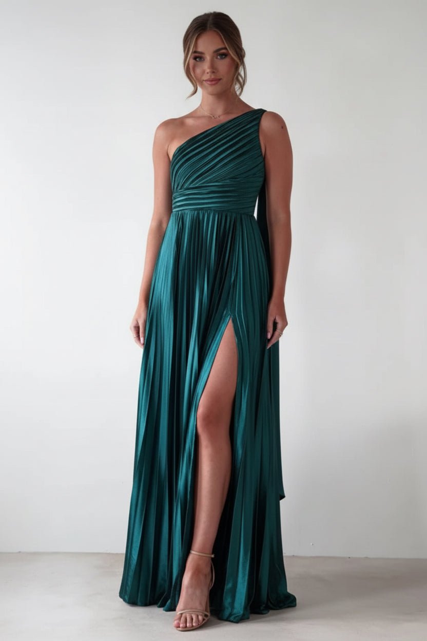 One - Shoulder Pleated Slit Maxi Dress - Jsandiclothing.com
