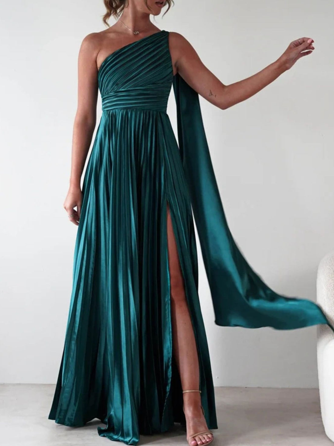One - Shoulder Pleated Slit Maxi Dress - Jsandiclothing.com