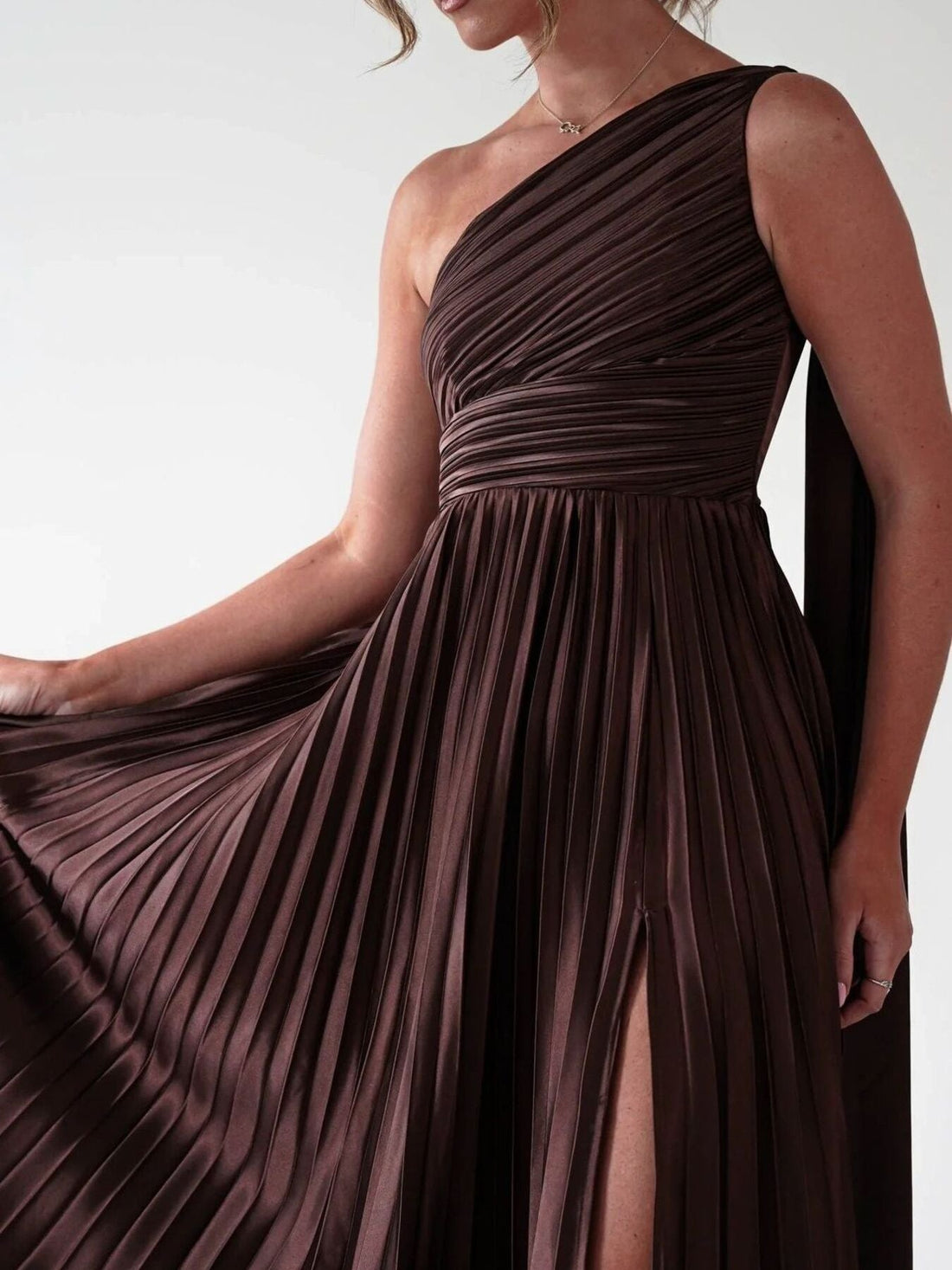 One - Shoulder Pleated Slit Maxi Dress - Jsandiclothing.com