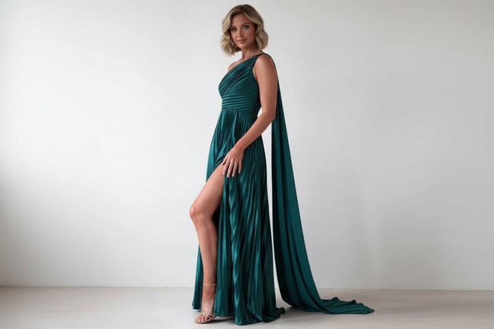 One - Shoulder Pleated Slit Maxi Dress - Jsandiclothing.com