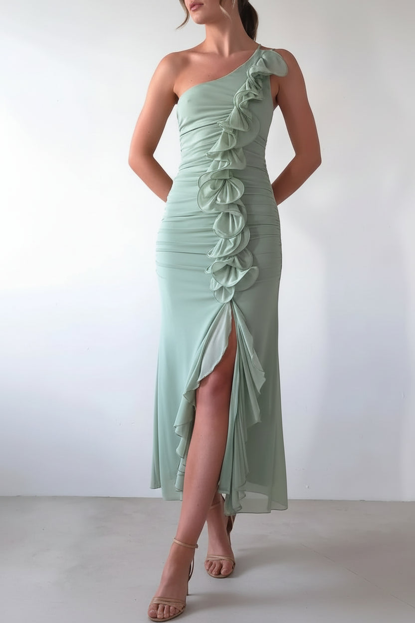 One - Shoulder Ruffle Slit Dress - Jsandiclothing.com