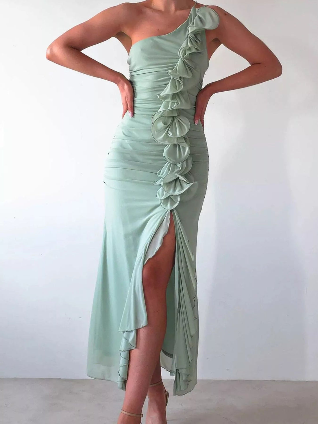 One - Shoulder Ruffle Slit Dress - Jsandiclothing.com