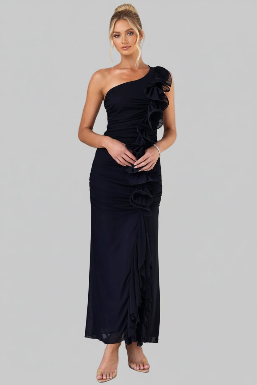 One - Shoulder Ruffle Slit Dress - Jsandiclothing.com