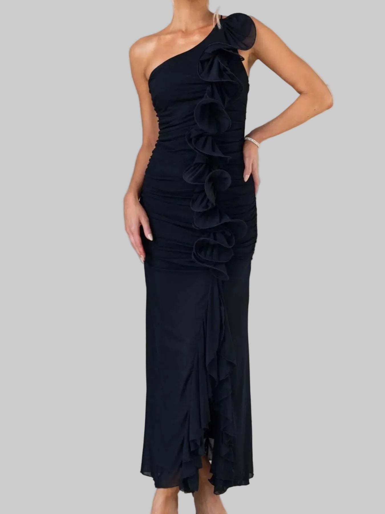 One - Shoulder Ruffle Slit Dress - Jsandiclothing.com