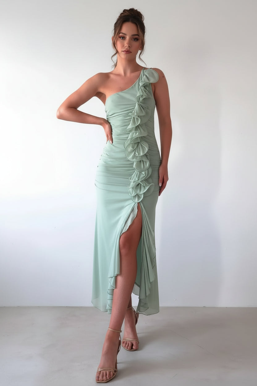 One - Shoulder Ruffle Slit Dress - Jsandiclothing.com