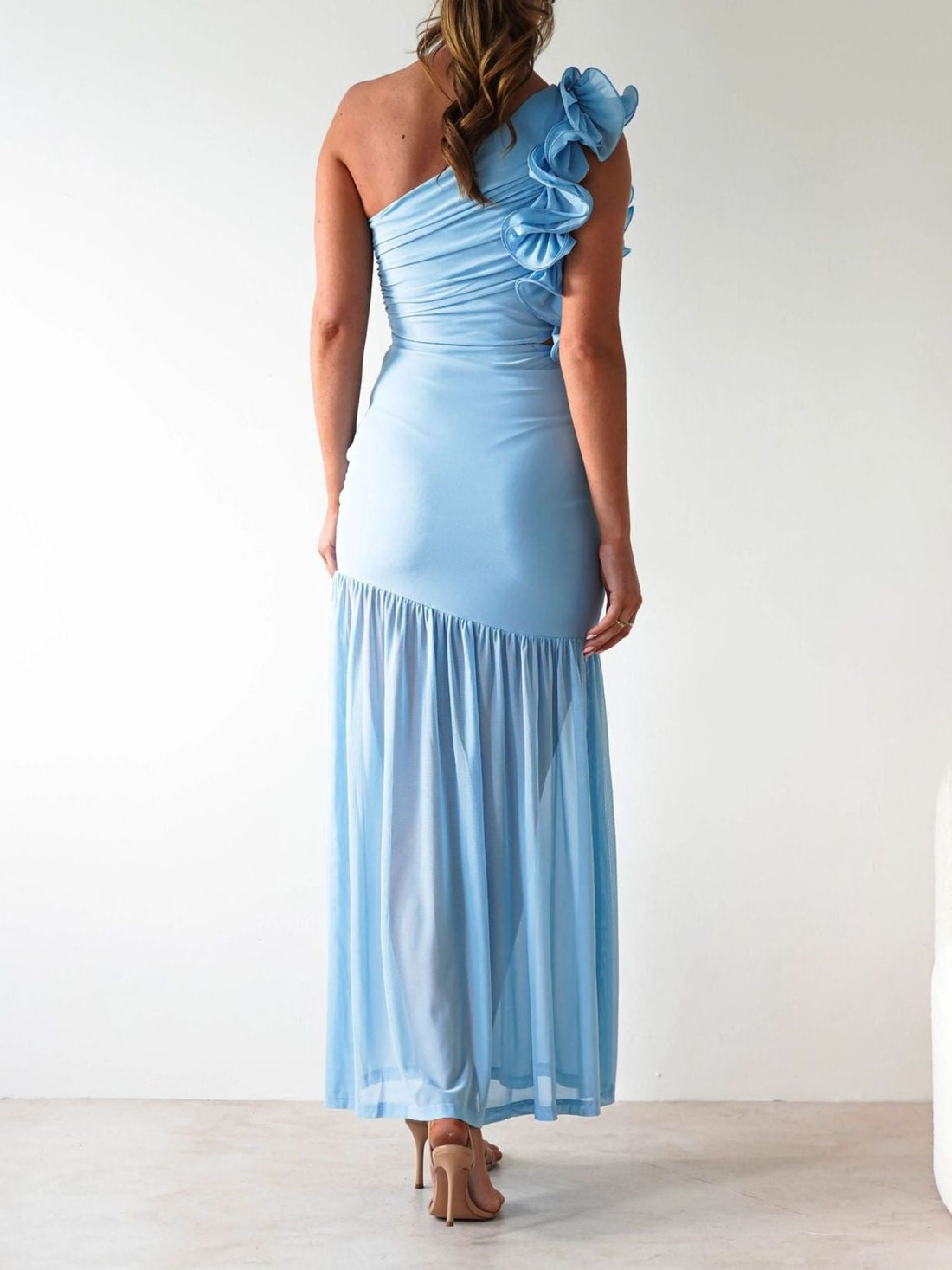 One-Shoulder Ruffle Trim Maxi Dress - Jsandiclothing.com