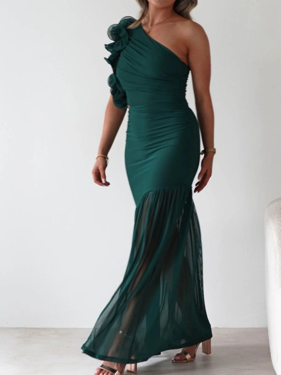 One-Shoulder Ruffle Trim Maxi Dress - Jsandiclothing.com