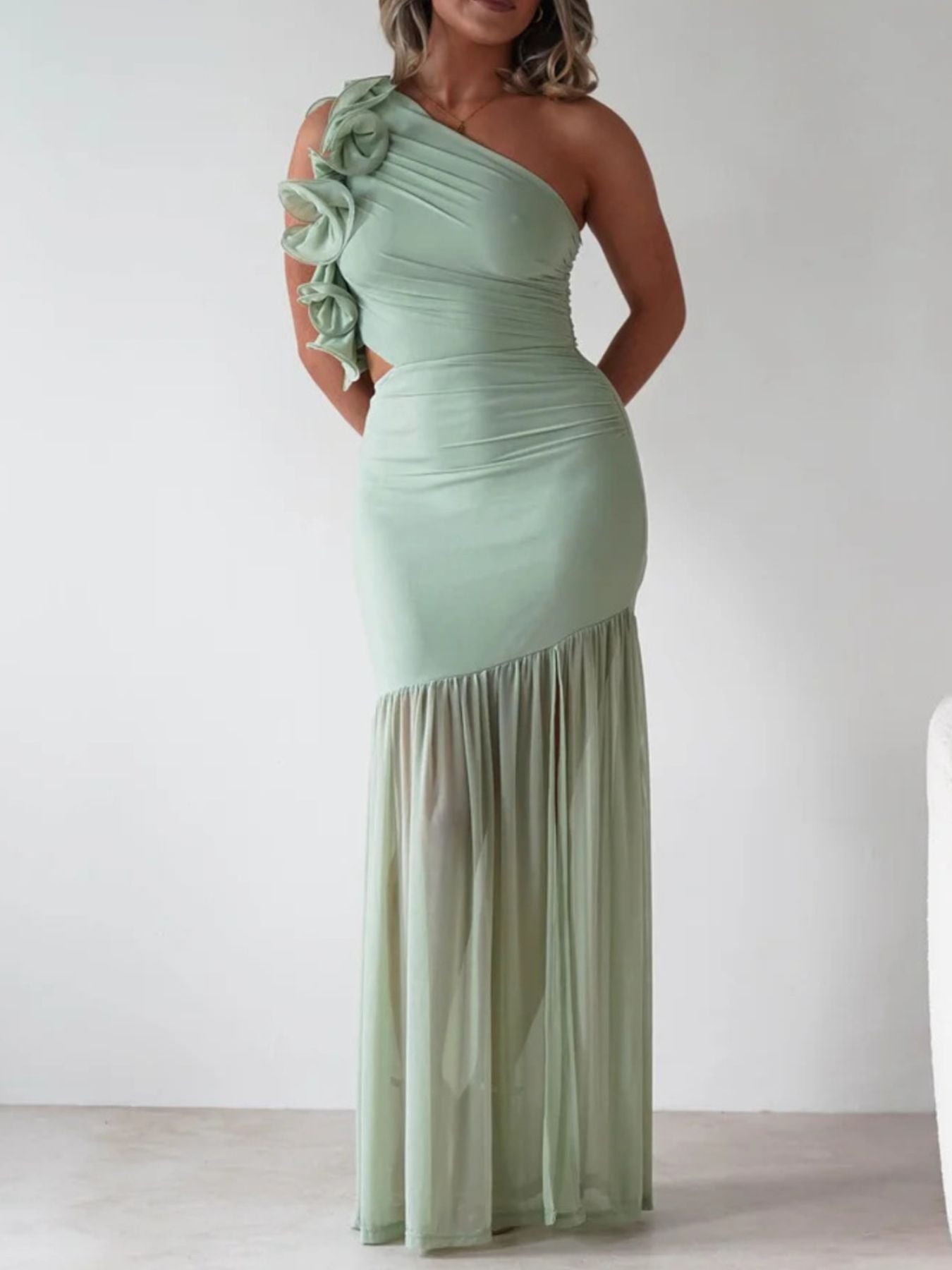 One-Shoulder Ruffle Trim Maxi Dress - Jsandiclothing.com