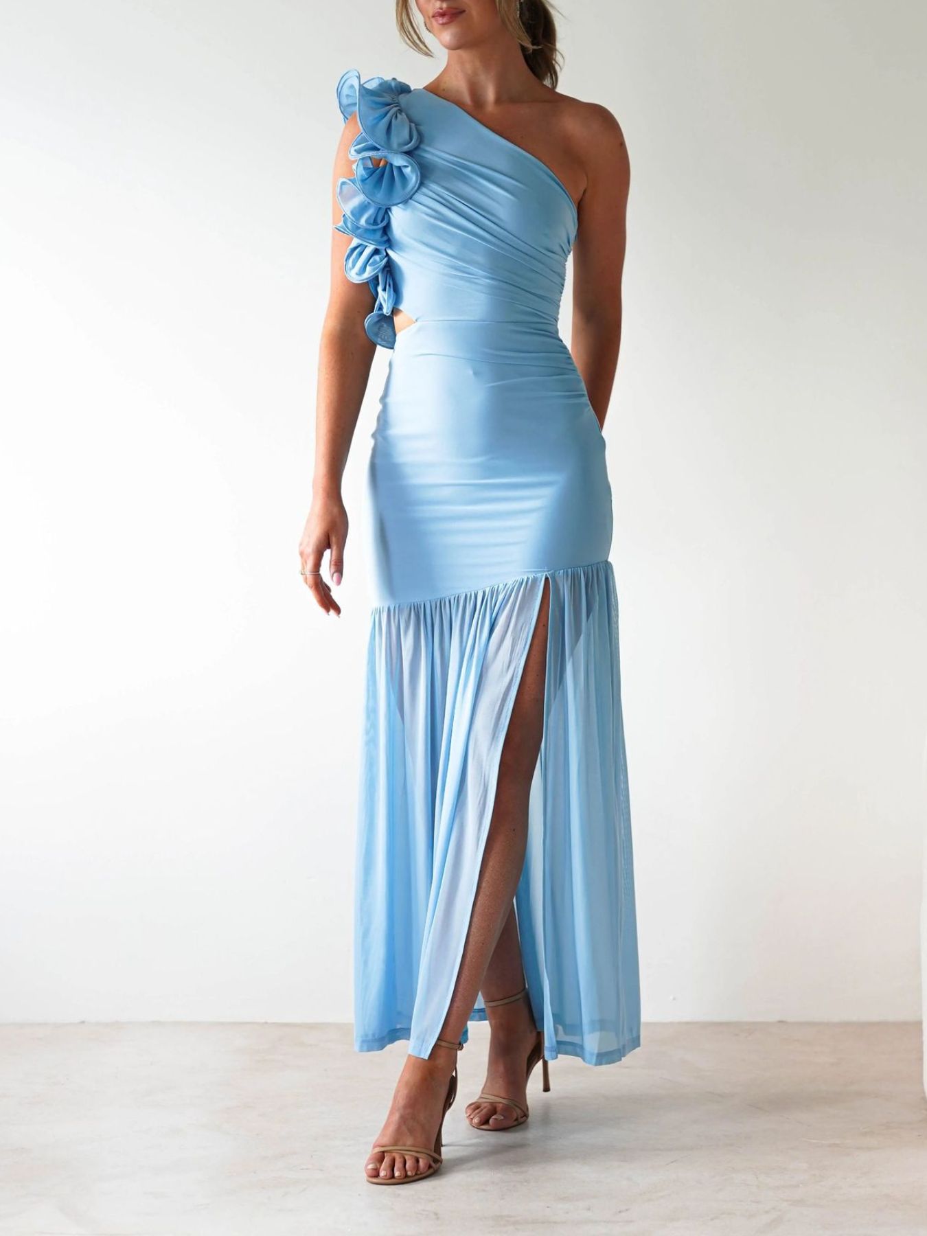 One-Shoulder Ruffle Trim Maxi Dress - Jsandiclothing.com