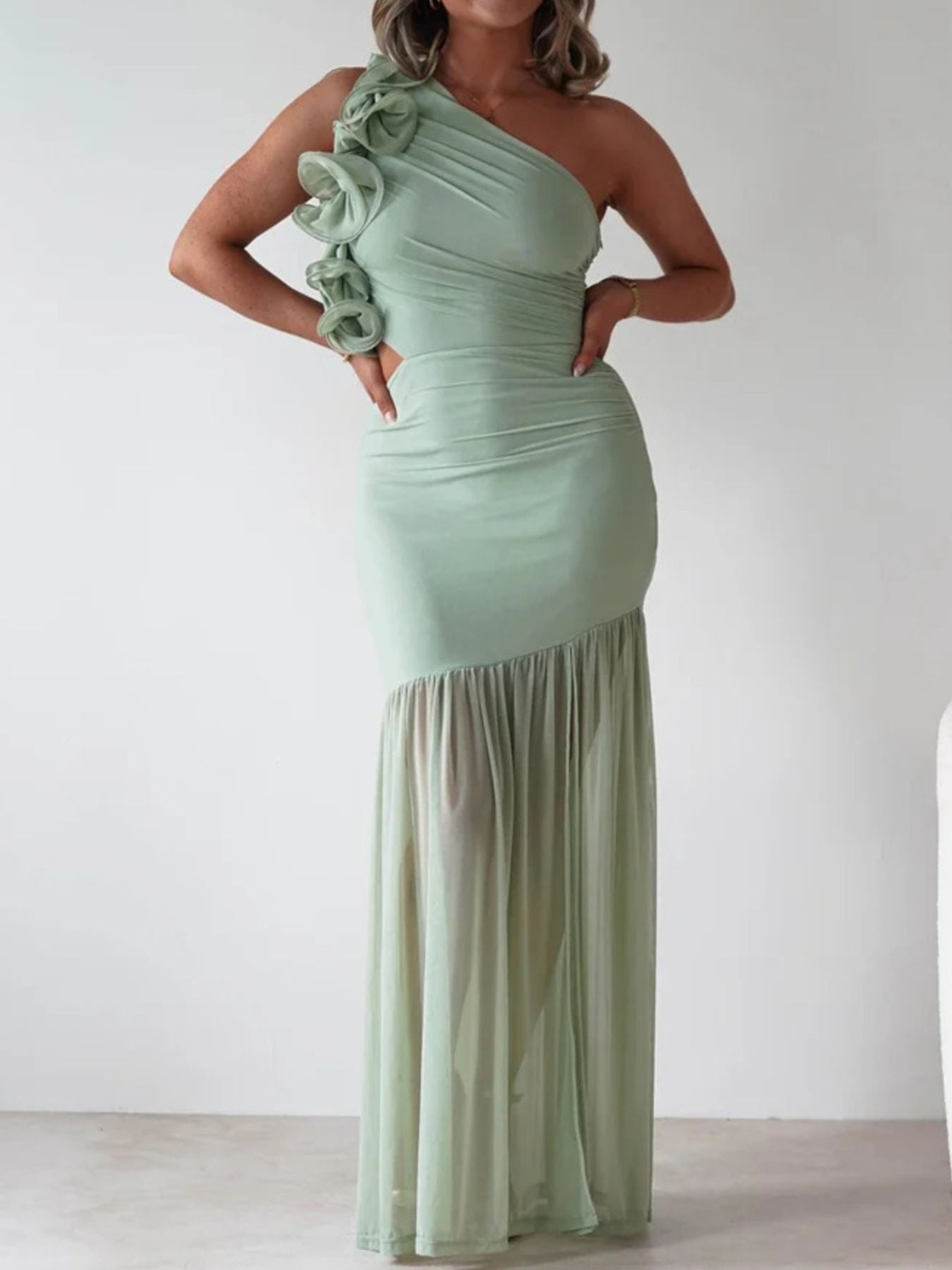 One-Shoulder Ruffle Trim Maxi Dress - Jsandiclothing.com