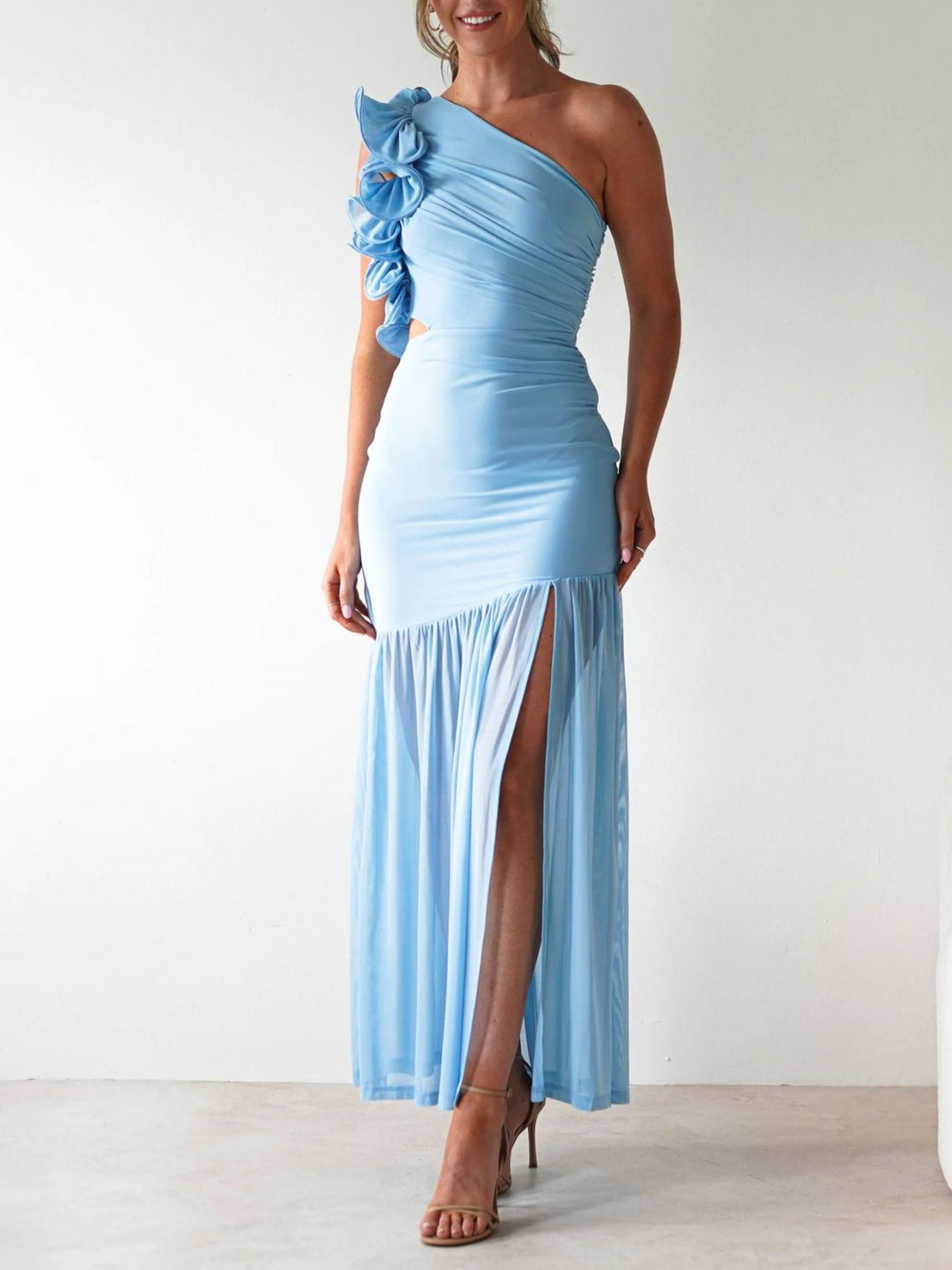 One-Shoulder Ruffle Trim Maxi Dress - Jsandiclothing.com