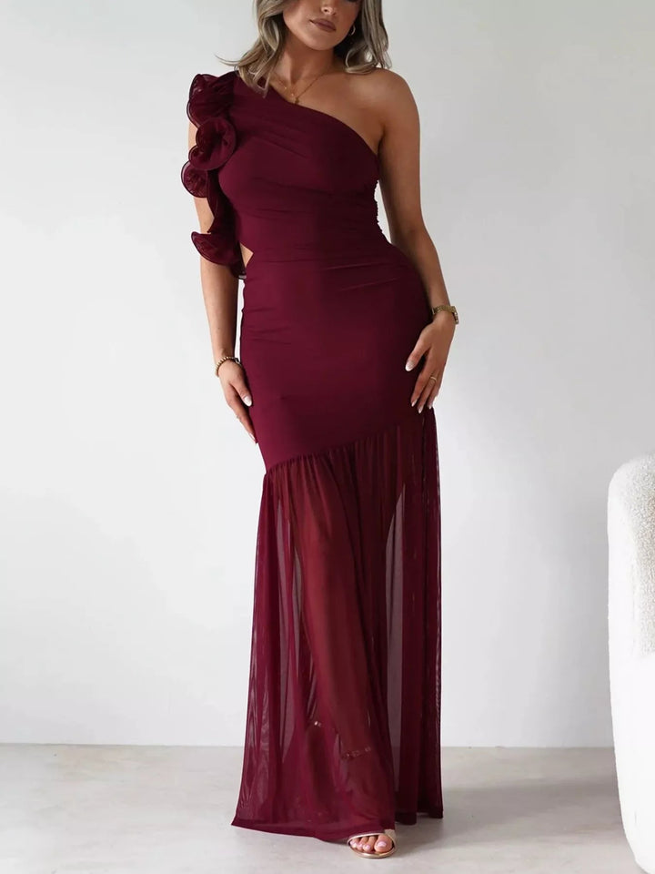 One-Shoulder Ruffle Trim Maxi Dress - Jsandiclothing.com