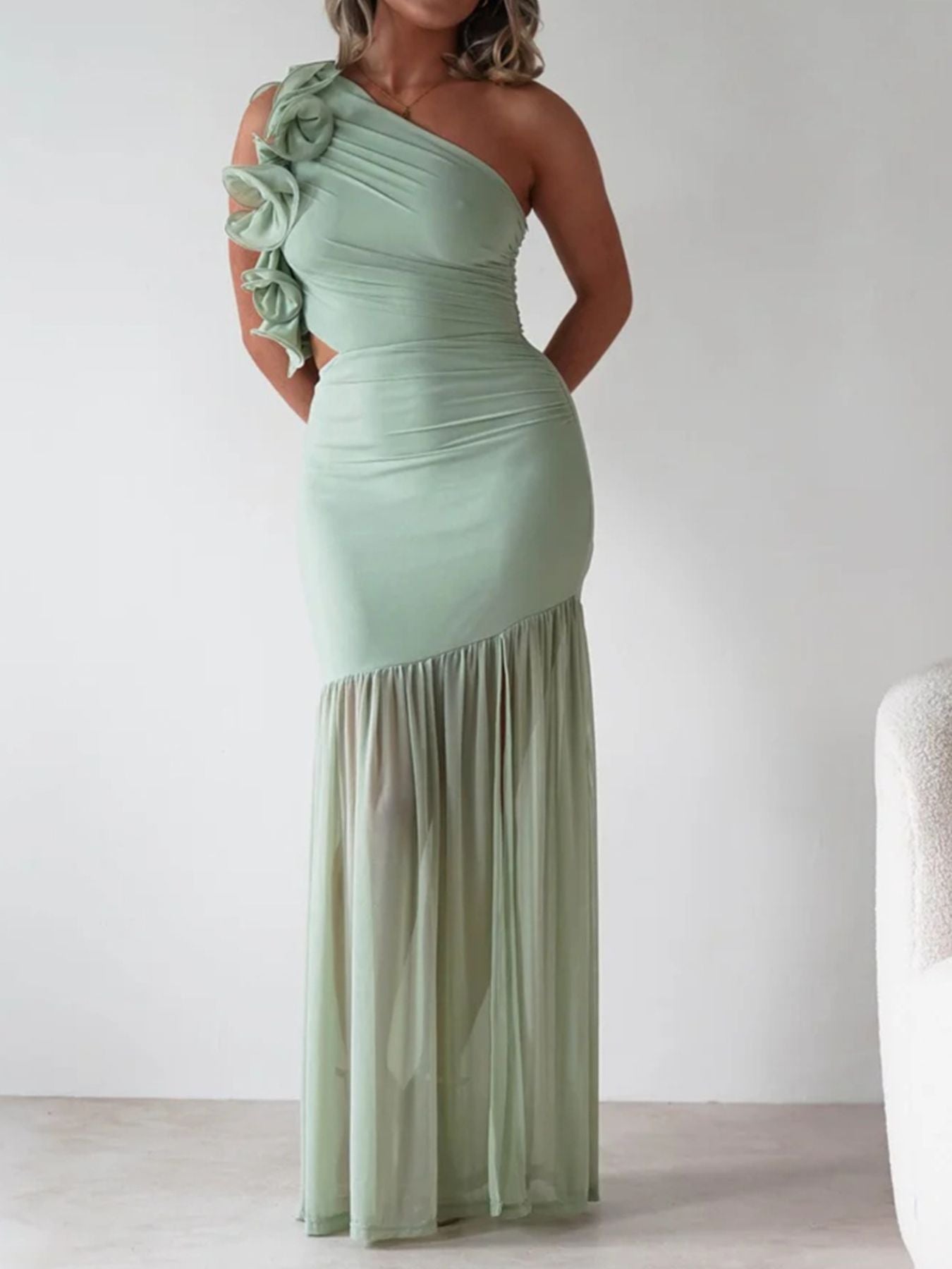 One-Shoulder Ruffle Trim Maxi Dress - Jsandiclothing.com