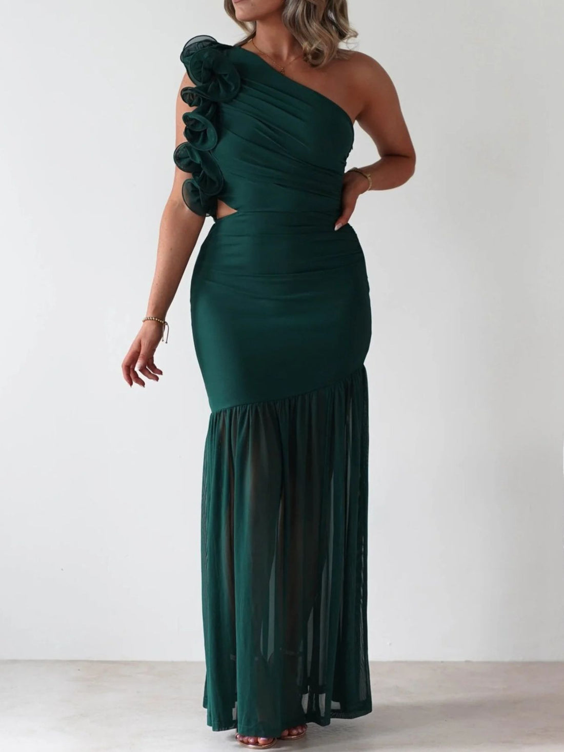 One-Shoulder Ruffle Trim Maxi Dress - Jsandiclothing.com