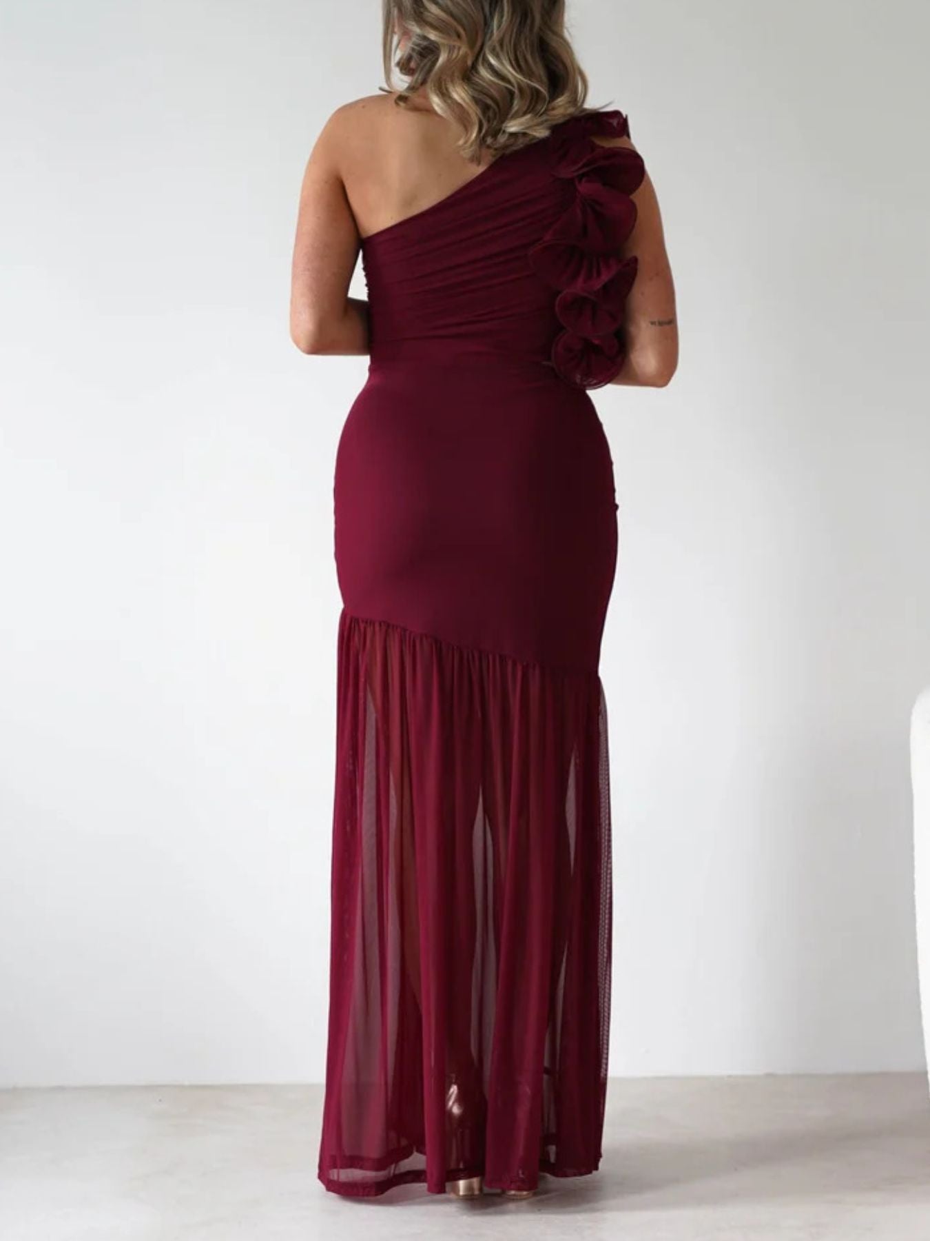 One-Shoulder Ruffle Trim Maxi Dress - Jsandiclothing.com