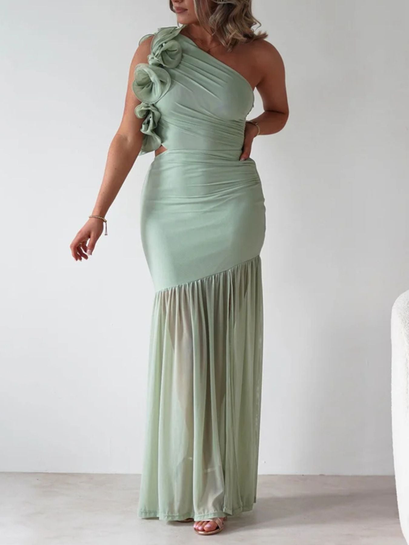 One-Shoulder Ruffle Trim Maxi Dress - Jsandiclothing.com