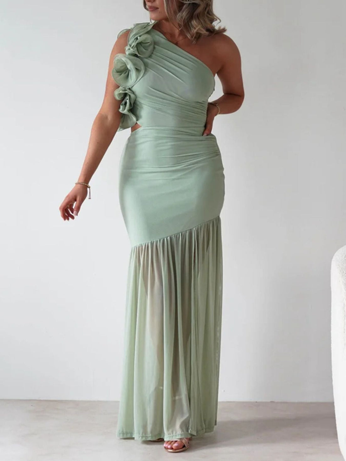 One-Shoulder Ruffle Trim Maxi Dress - Jsandiclothing.com