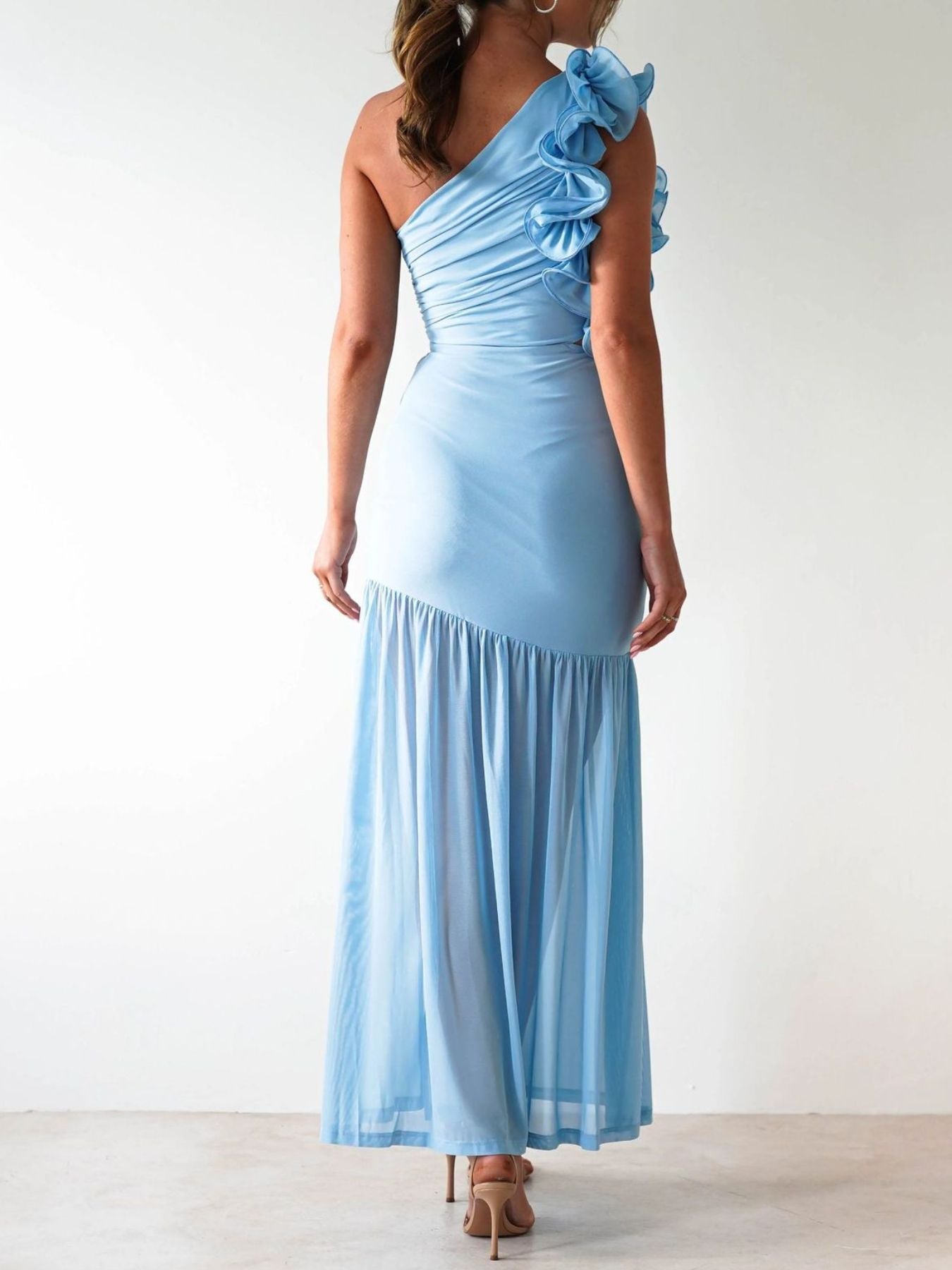 One-Shoulder Ruffle Trim Maxi Dress - Jsandiclothing.com