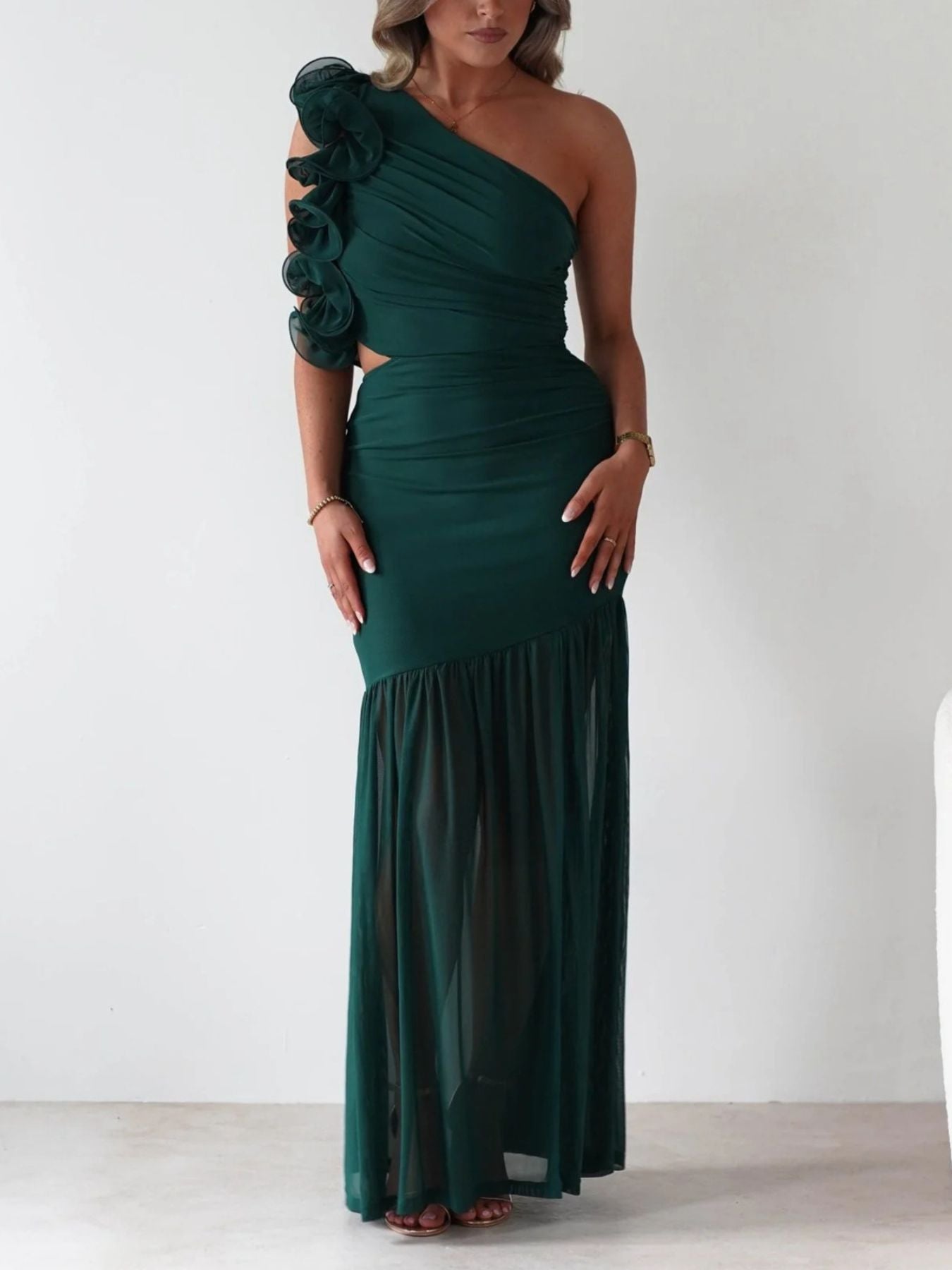 One-Shoulder Ruffle Trim Maxi Dress - Jsandiclothing.com