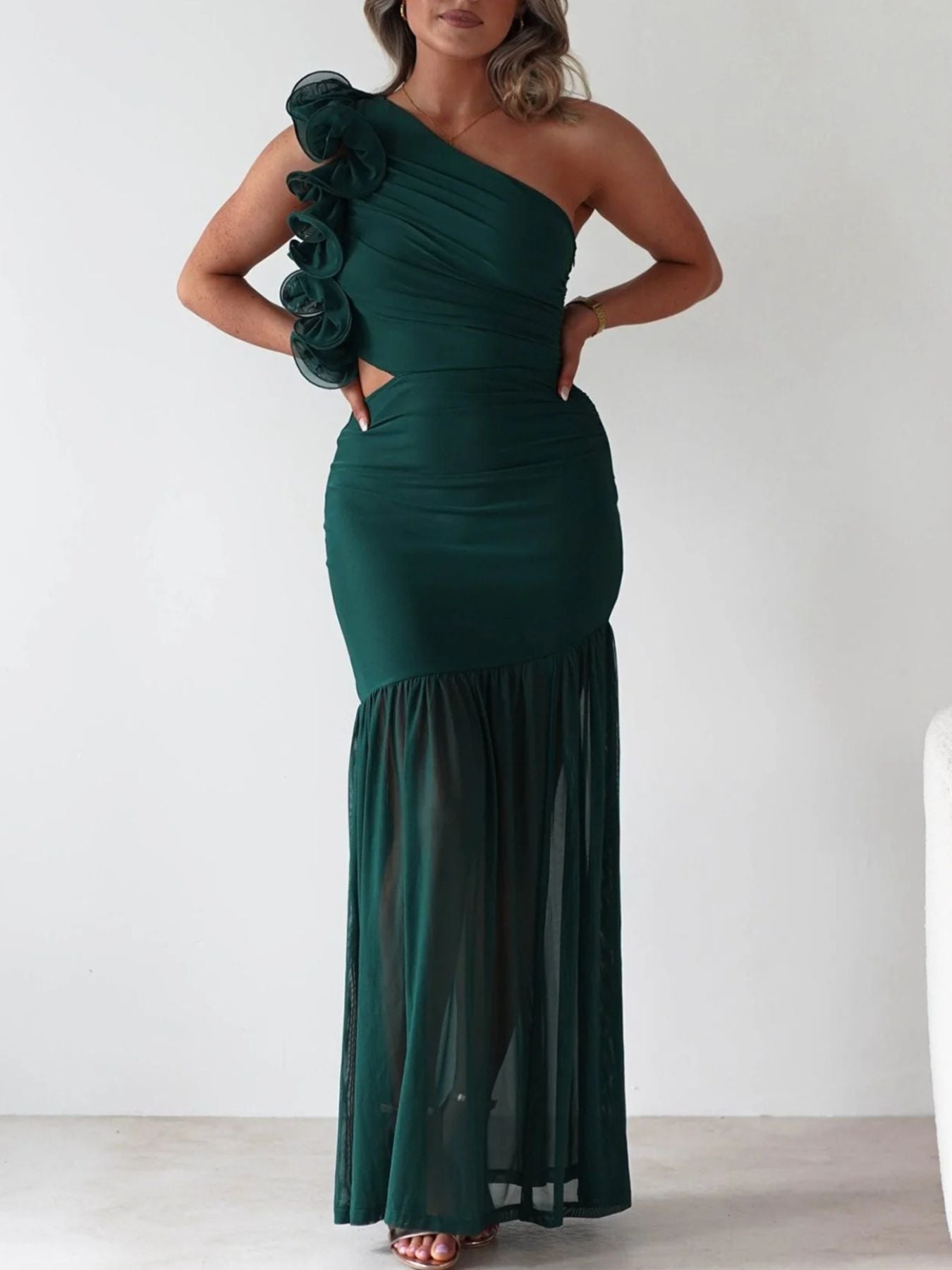 One-Shoulder Ruffle Trim Maxi Dress - Jsandiclothing.com