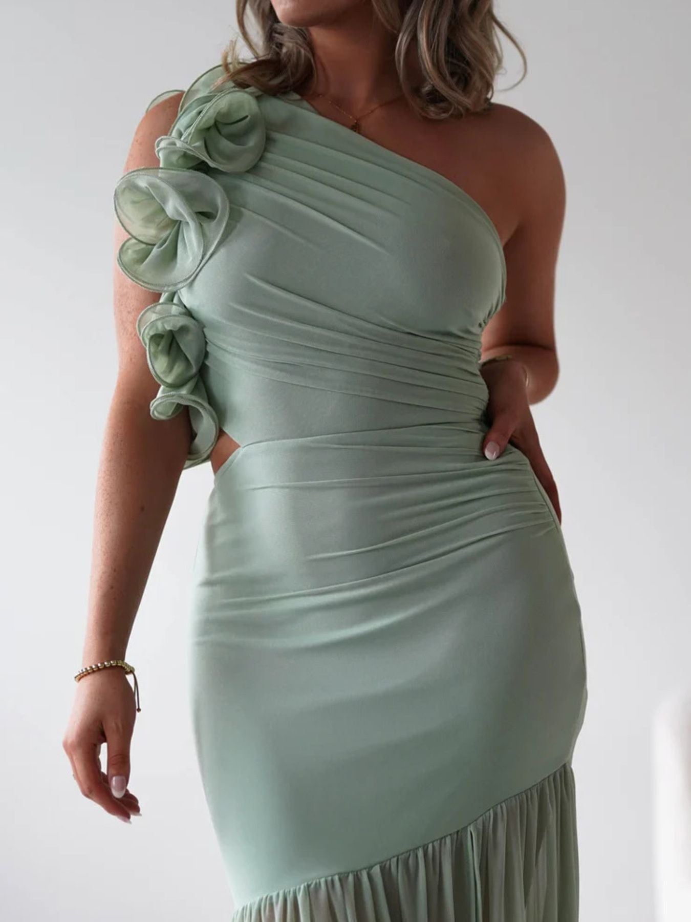 One-Shoulder Ruffle Trim Maxi Dress - Jsandiclothing.com