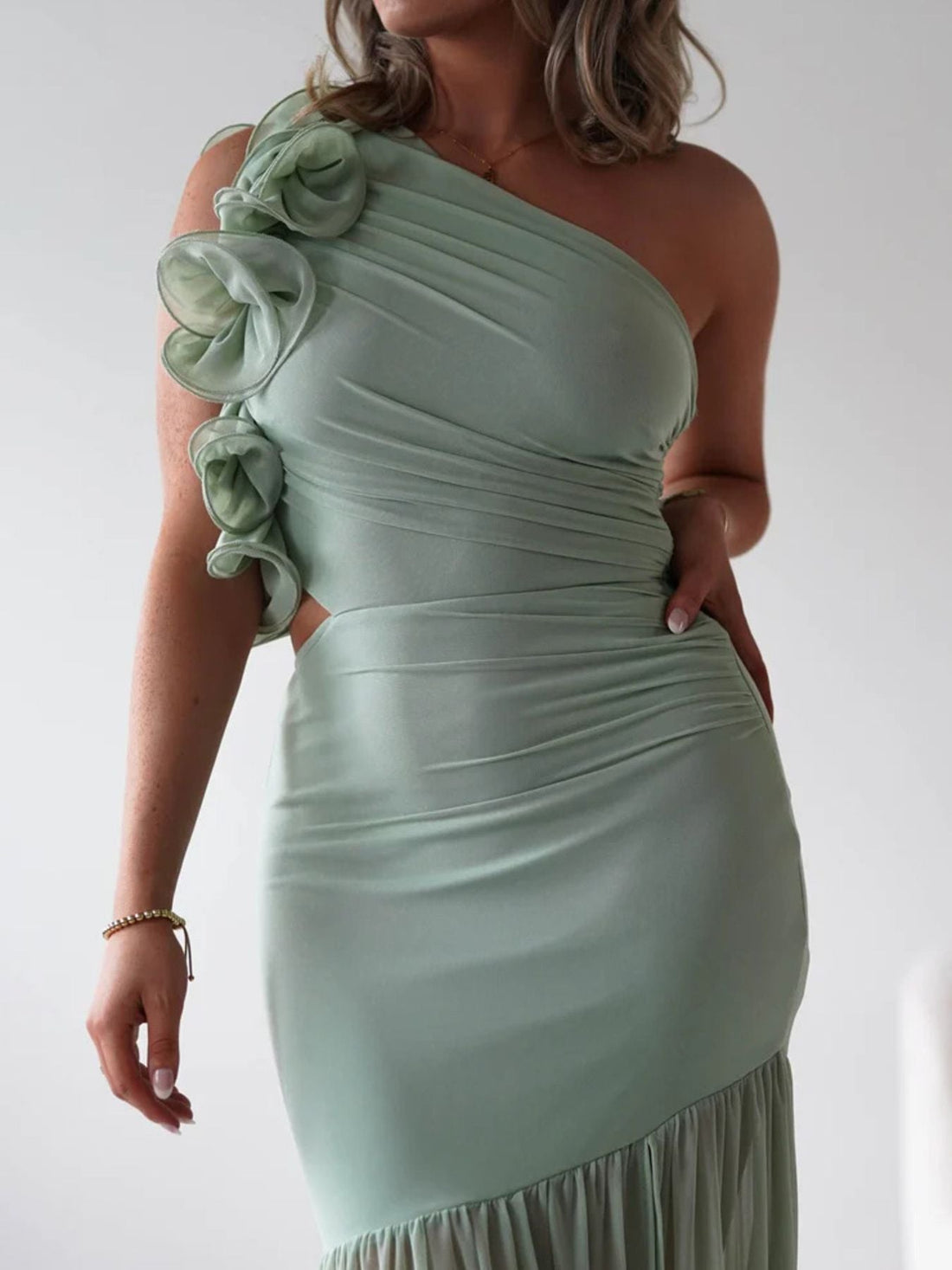 One-Shoulder Ruffle Trim Maxi Dress - Jsandiclothing.com