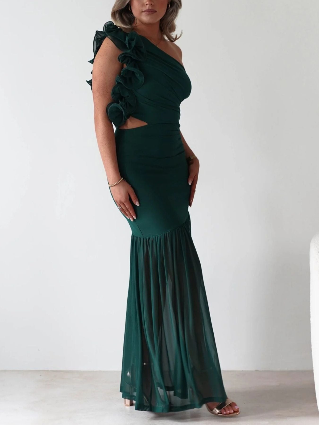 One-Shoulder Ruffle Trim Maxi Dress - Jsandiclothing.com