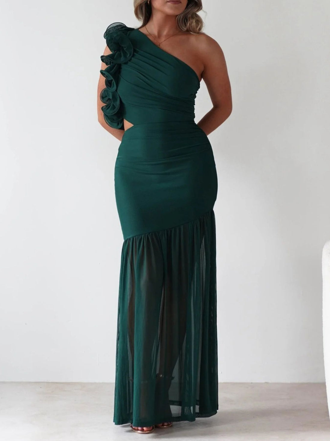 One-Shoulder Ruffle Trim Maxi Dress - Jsandiclothing.com