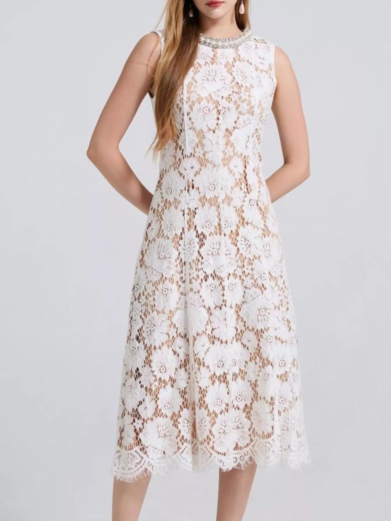 Pearl Neckline Lace Midi Dress – Sleeveless Elegant Style - Jsandiclothing.com