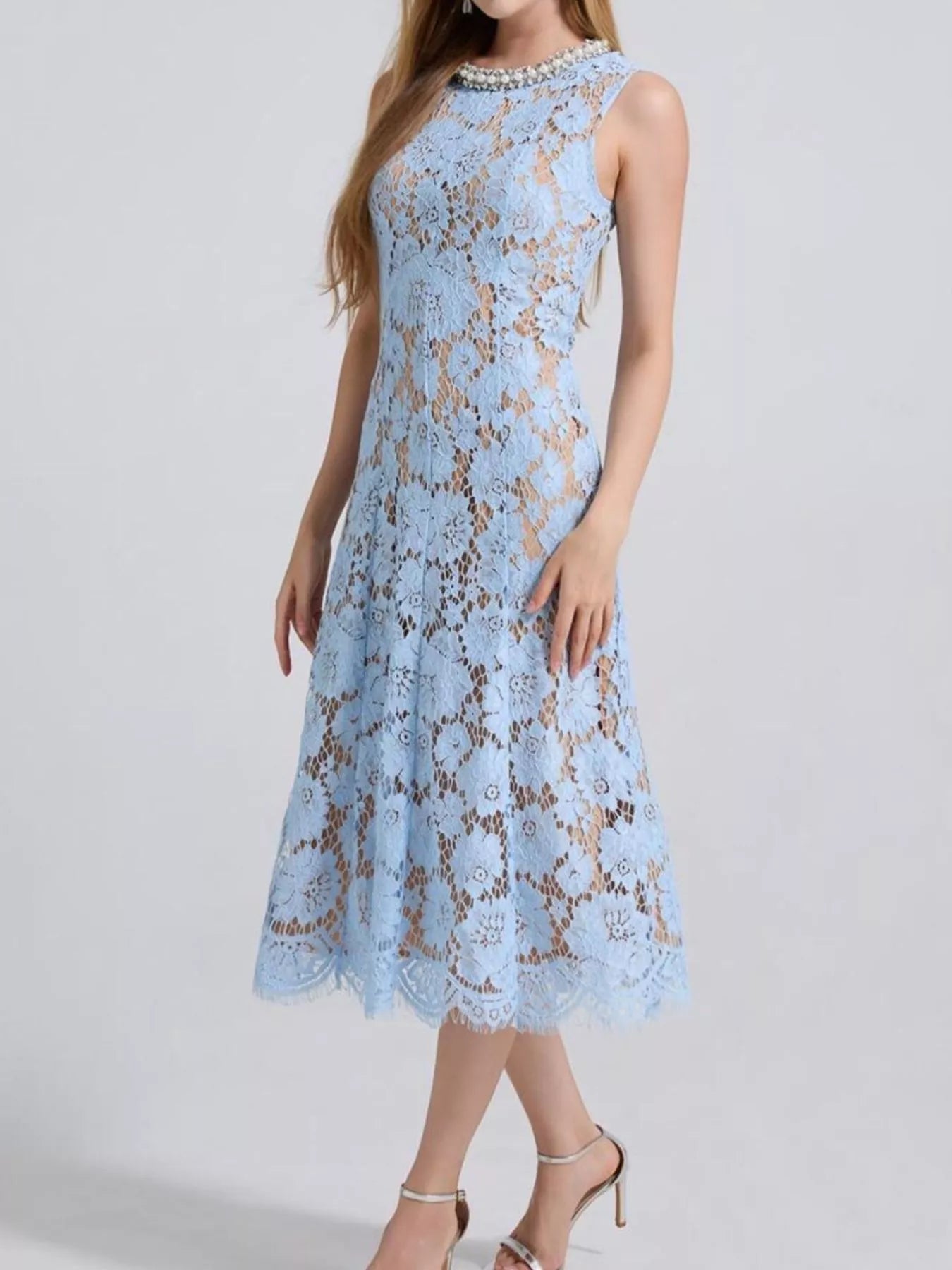 Pearl Neckline Lace Midi Dress – Sleeveless Elegant Style - Jsandiclothing.com