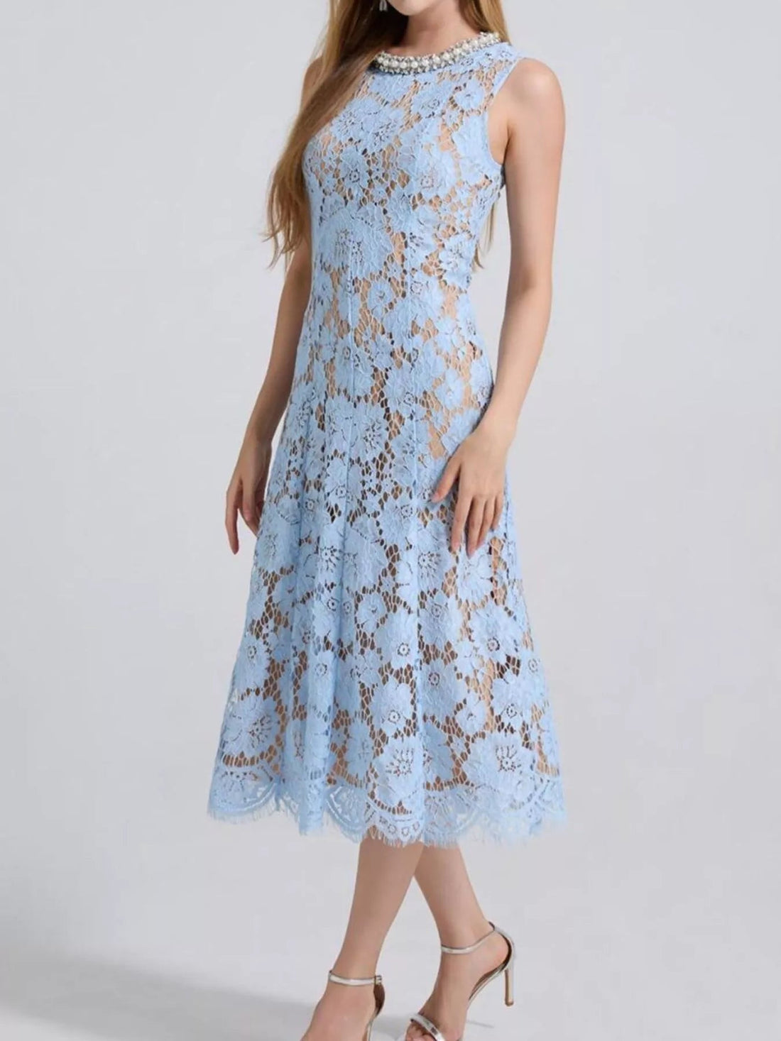 Pearl Neckline Lace Midi Dress – Sleeveless Elegant Style - Jsandiclothing.com