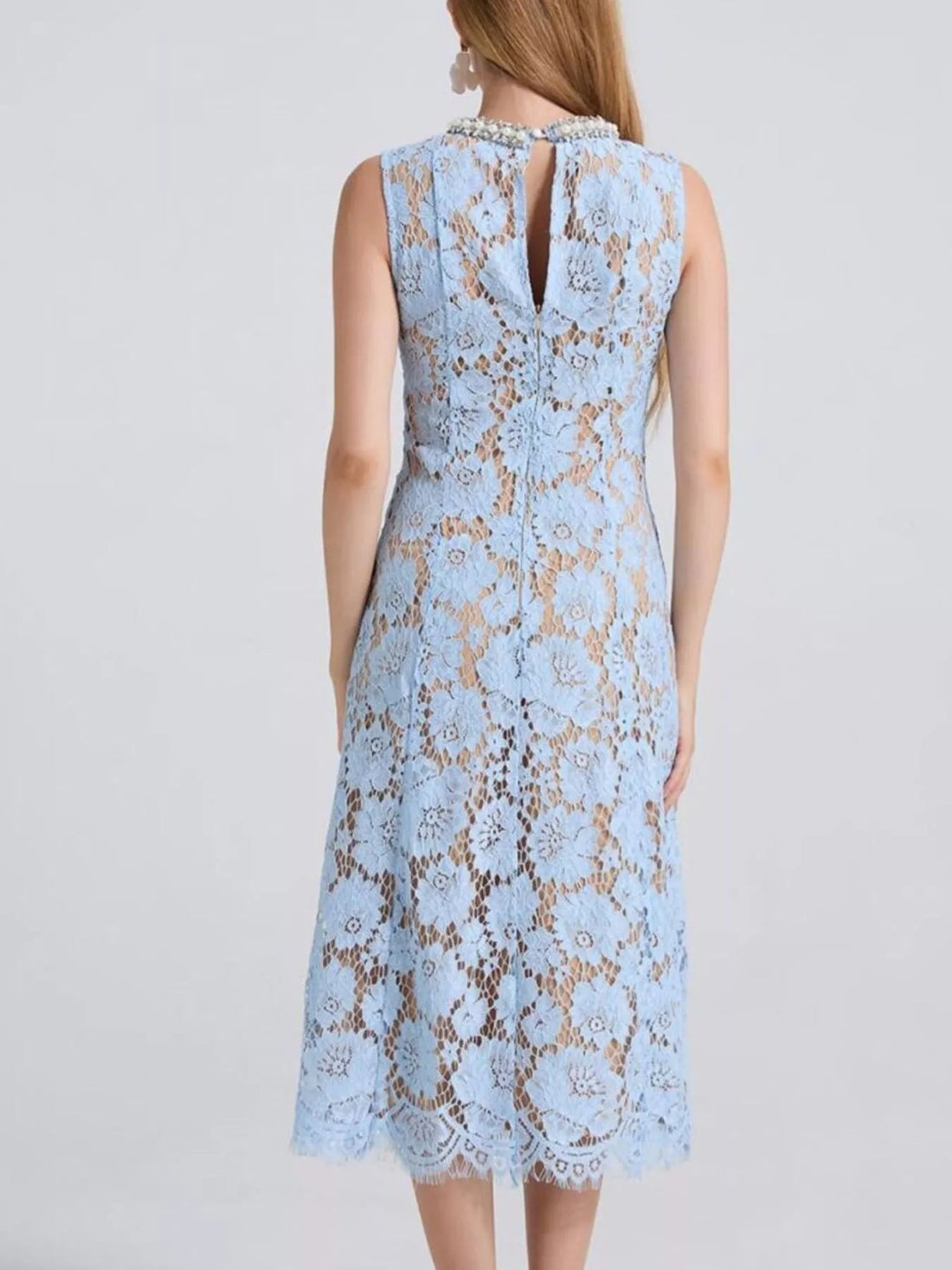 Pearl Neckline Lace Midi Dress – Sleeveless Elegant Style - Jsandiclothing.com