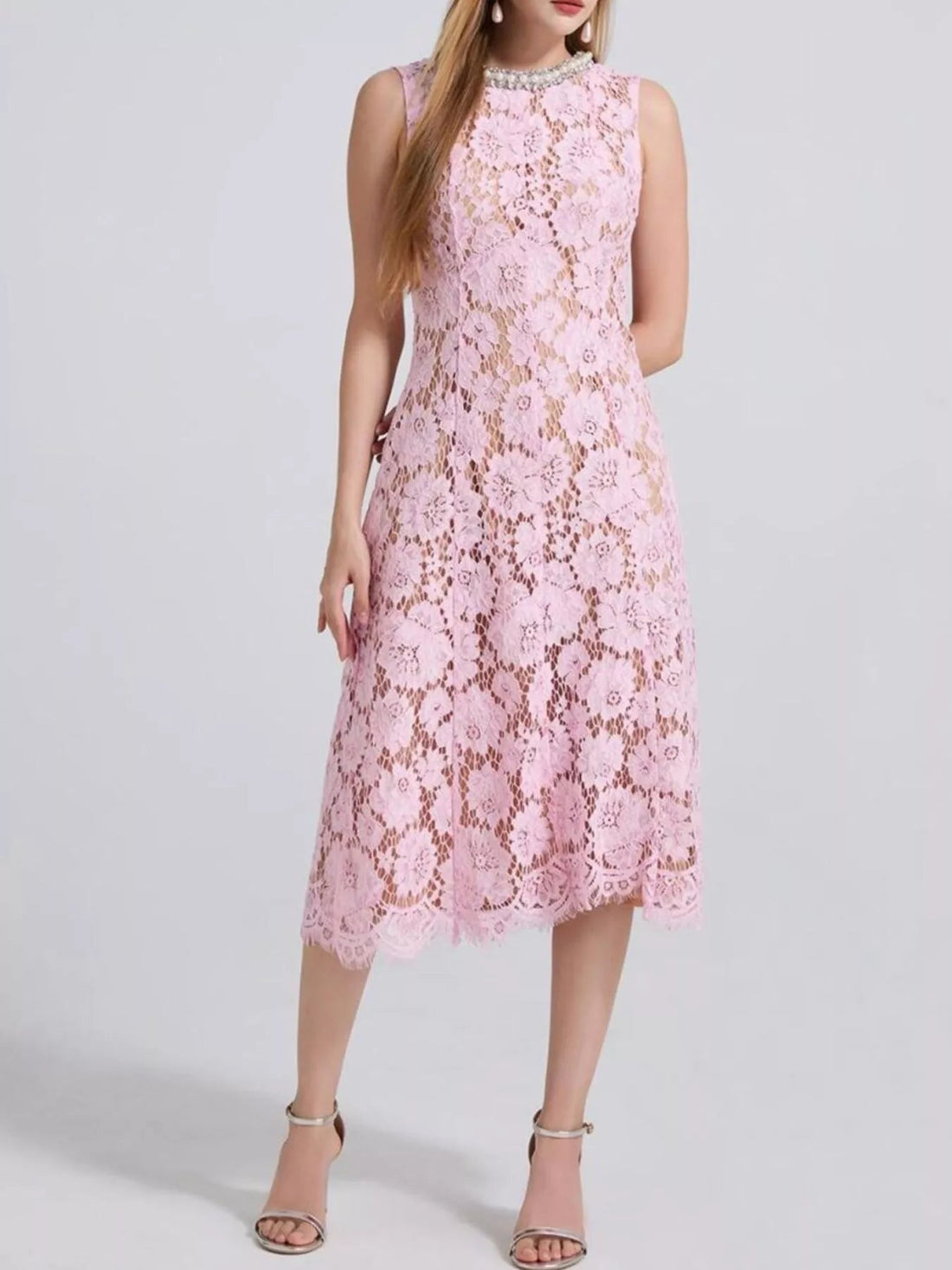 Pearl Neckline Lace Midi Dress – Sleeveless Elegant Style - Jsandiclothing.com