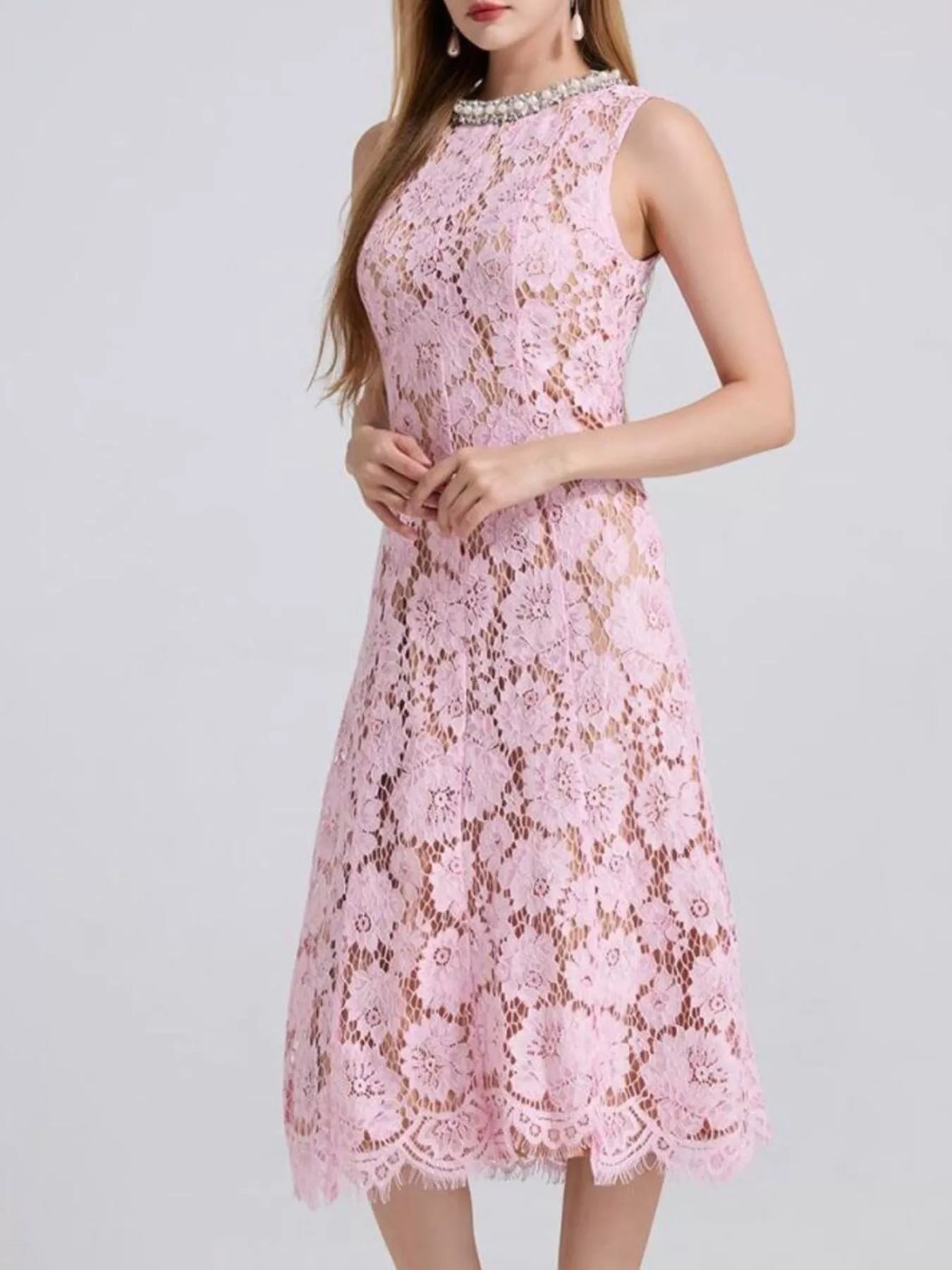 Pearl Neckline Lace Midi Dress – Sleeveless Elegant Style - Jsandiclothing.com