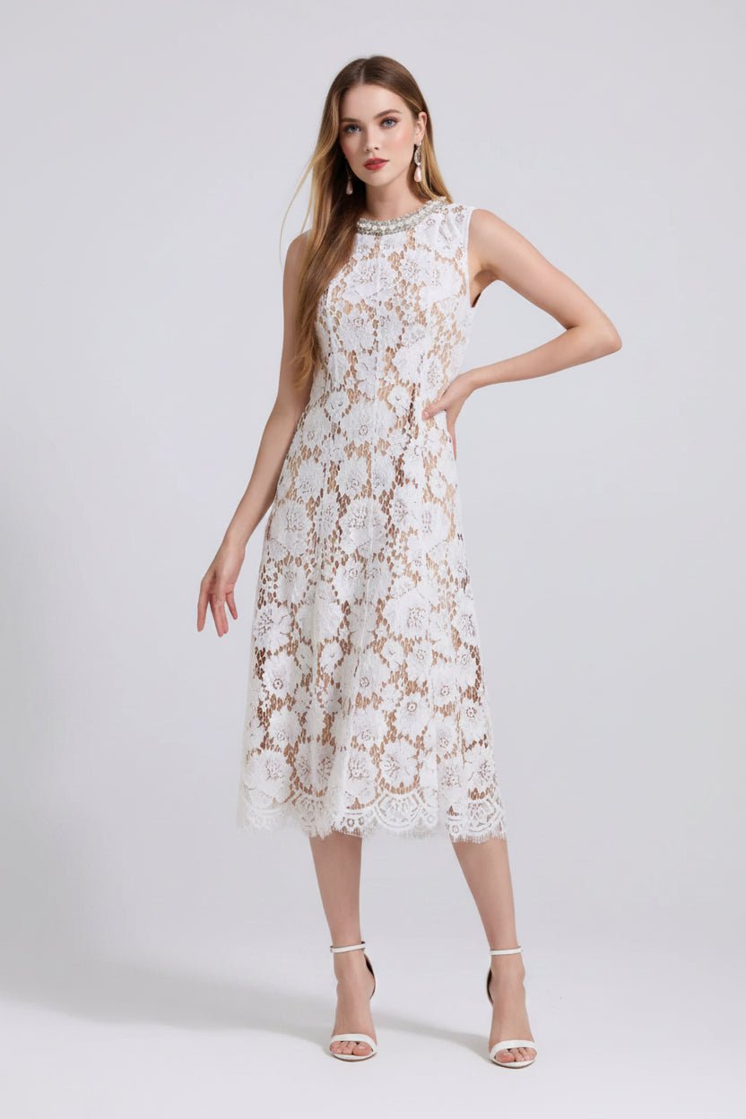 Pearl Neckline Lace Midi Dress – Sleeveless Elegant Style - Jsandiclothing.com