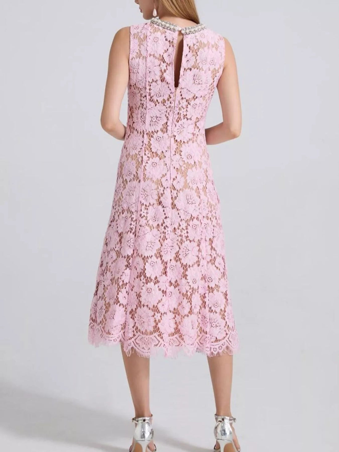 Pearl Neckline Lace Midi Dress – Sleeveless Elegant Style - Jsandiclothing.com