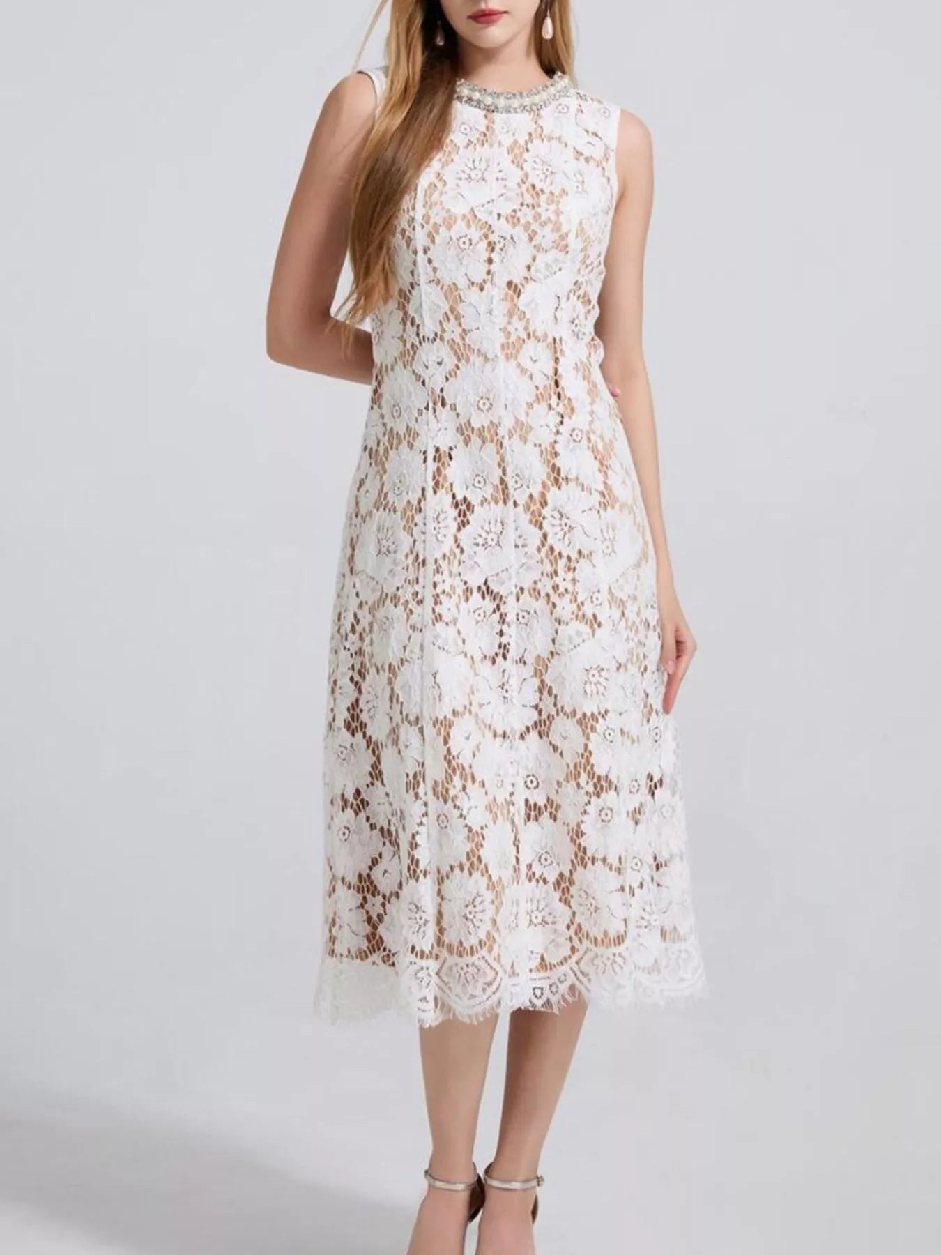 Pearl Neckline Lace Midi Dress – Sleeveless Elegant Style - Jsandiclothing.com