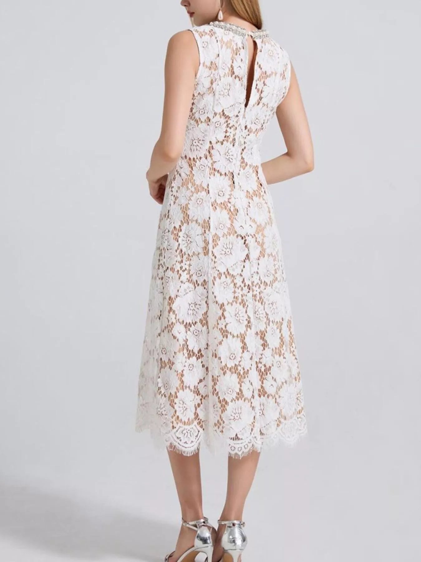 Pearl Neckline Lace Midi Dress – Sleeveless Elegant Style - Jsandiclothing.com
