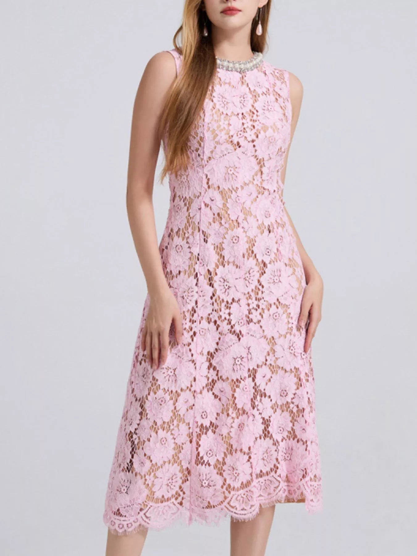 Pearl Neckline Lace Midi Dress – Sleeveless Elegant Style - Jsandiclothing.com